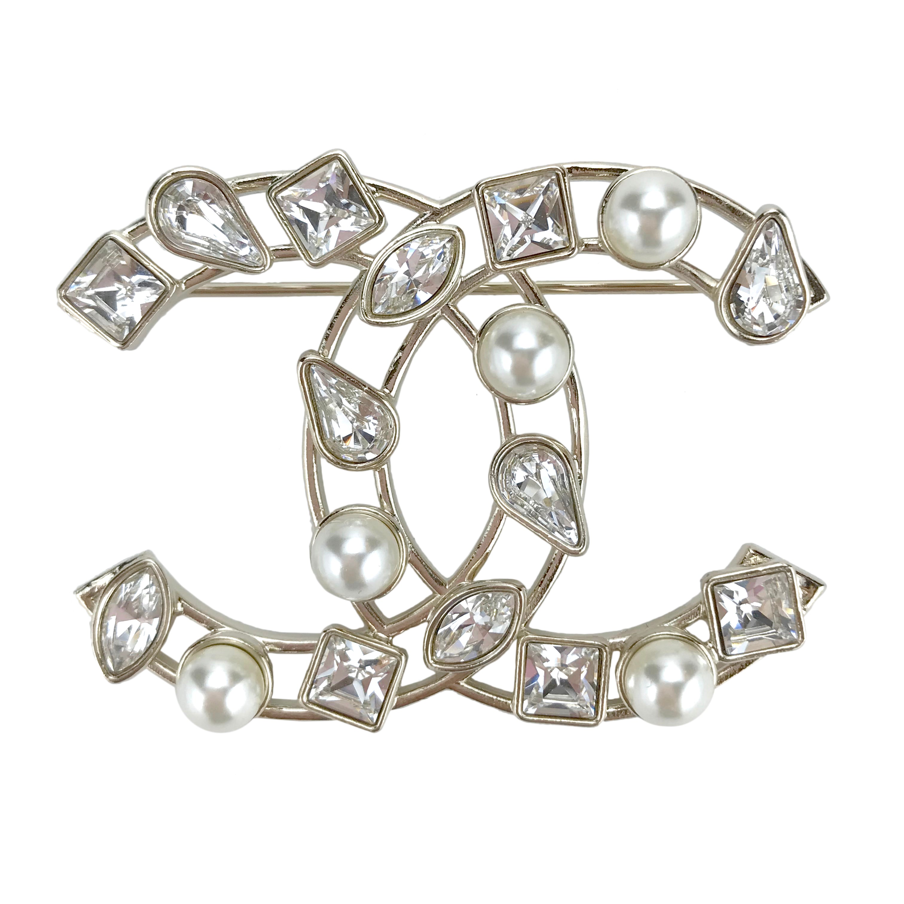 Crystal Pearl Cutout CC Logo Brooch