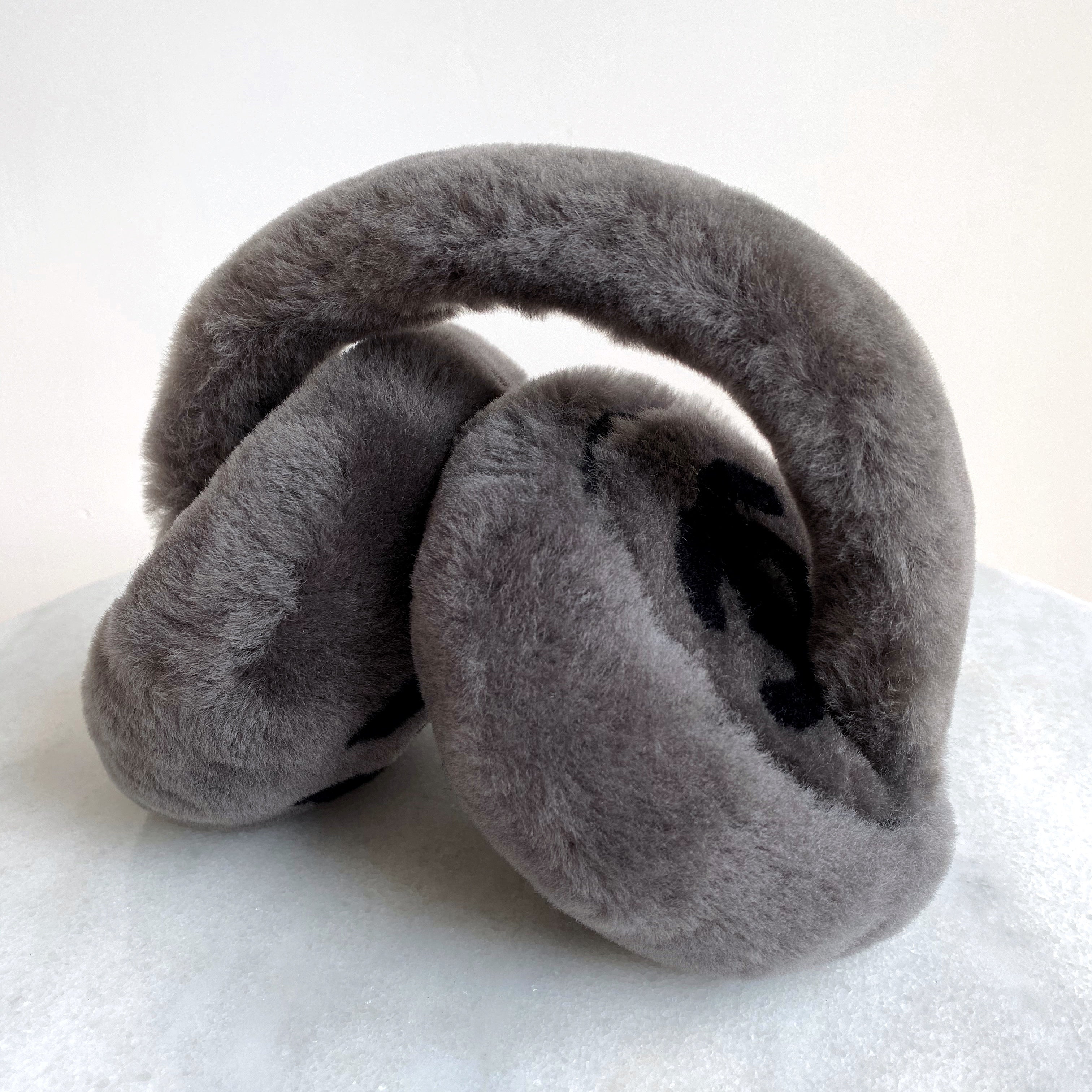 Oversized CC Foldable Earmuffs in Grey Black Shearling