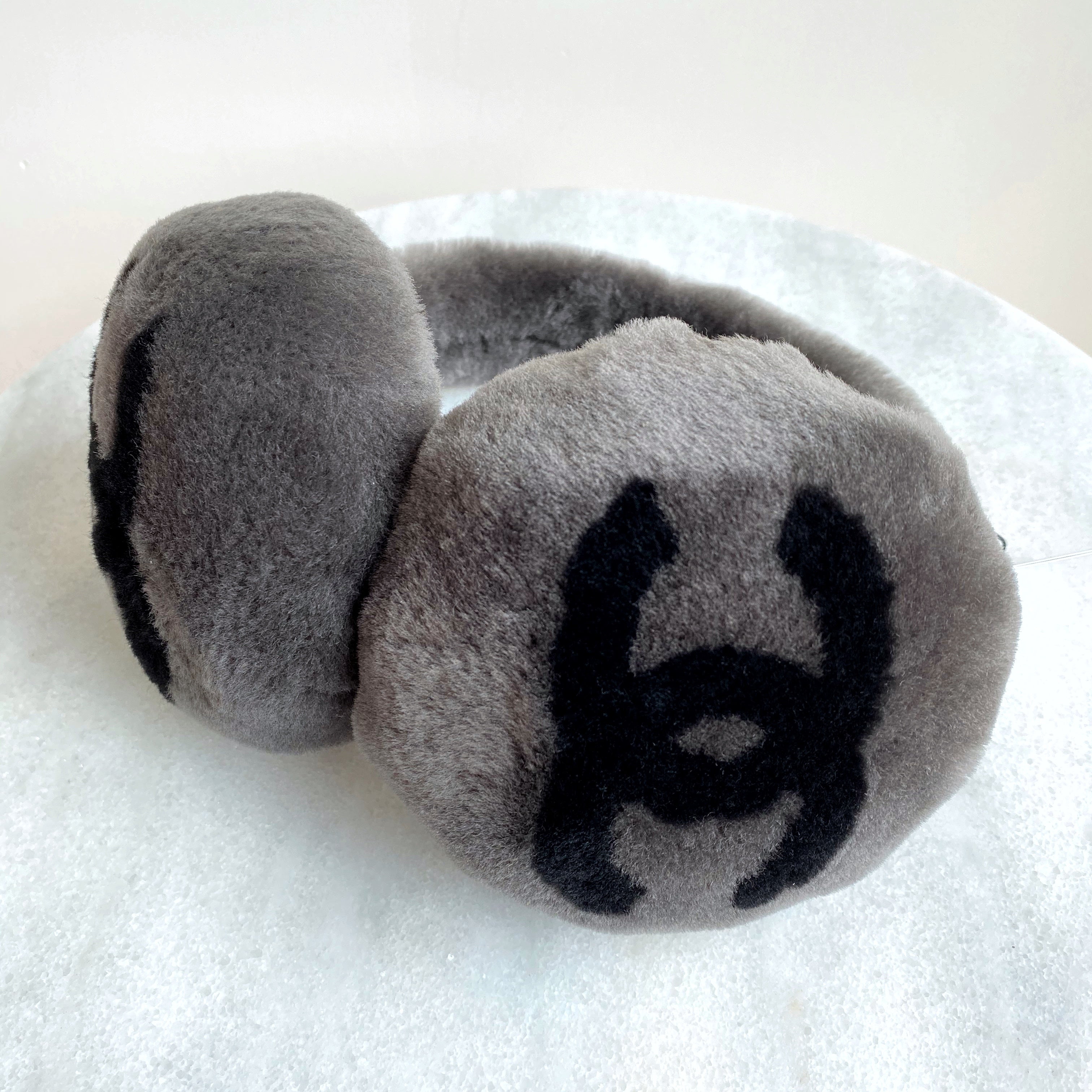 Oversized CC Foldable Earmuffs in Grey Black Shearling