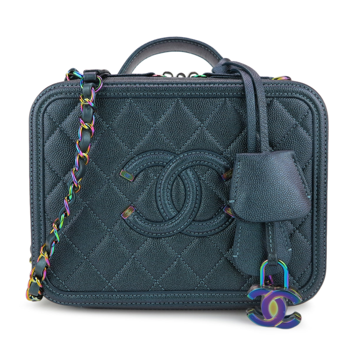 Medium CC Filigree Vanity Case in Dark Turquoise Caviar