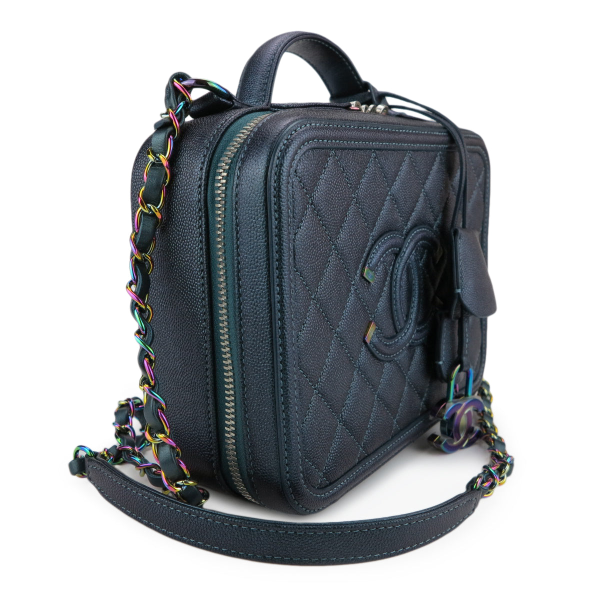 Medium CC Filigree Vanity Case in Dark Turquoise Caviar