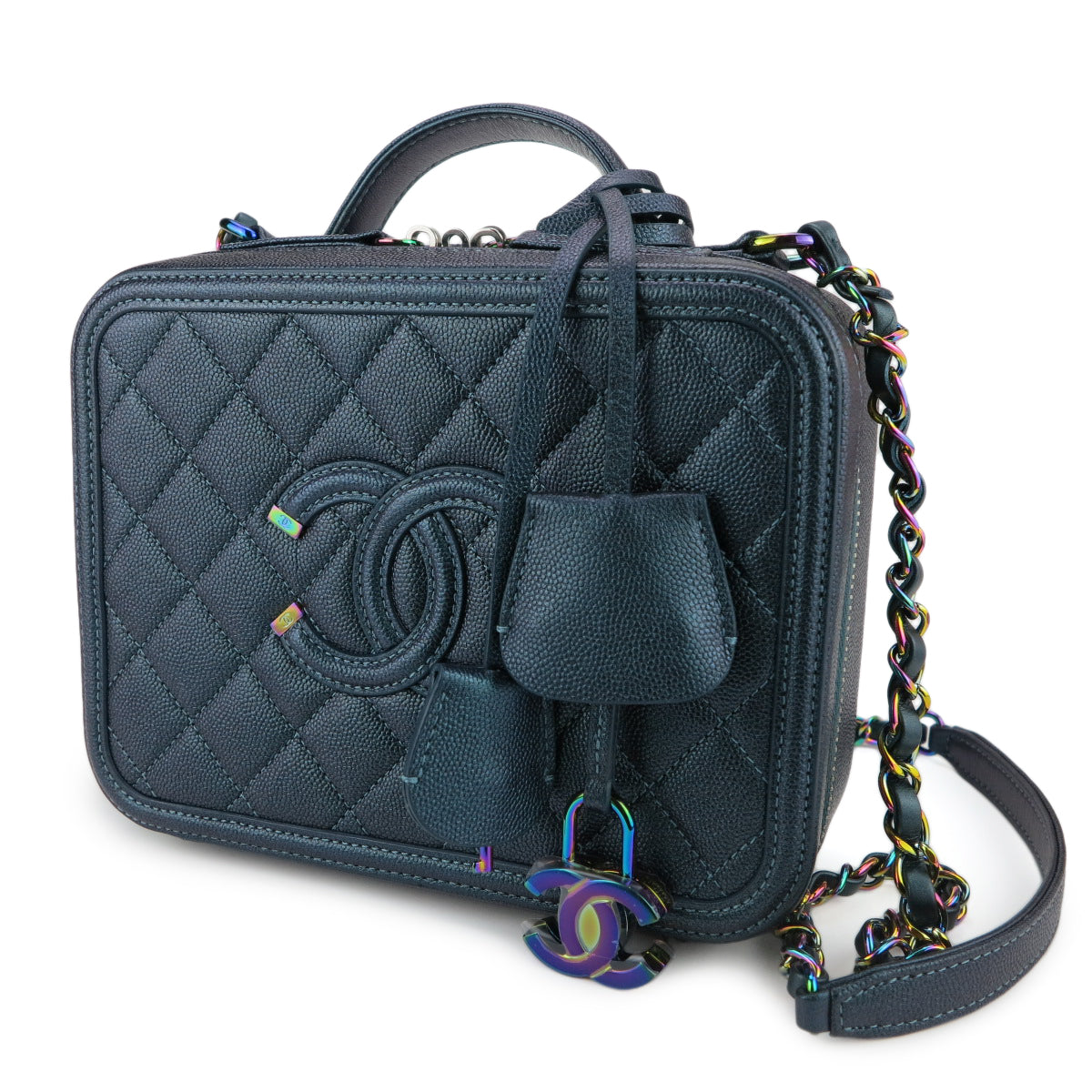 Medium CC Filigree Vanity Case in Dark Turquoise Caviar