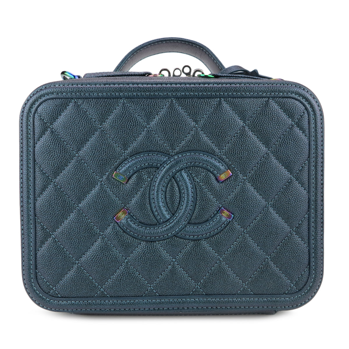 Medium CC Filigree Vanity Case in Dark Turquoise Caviar