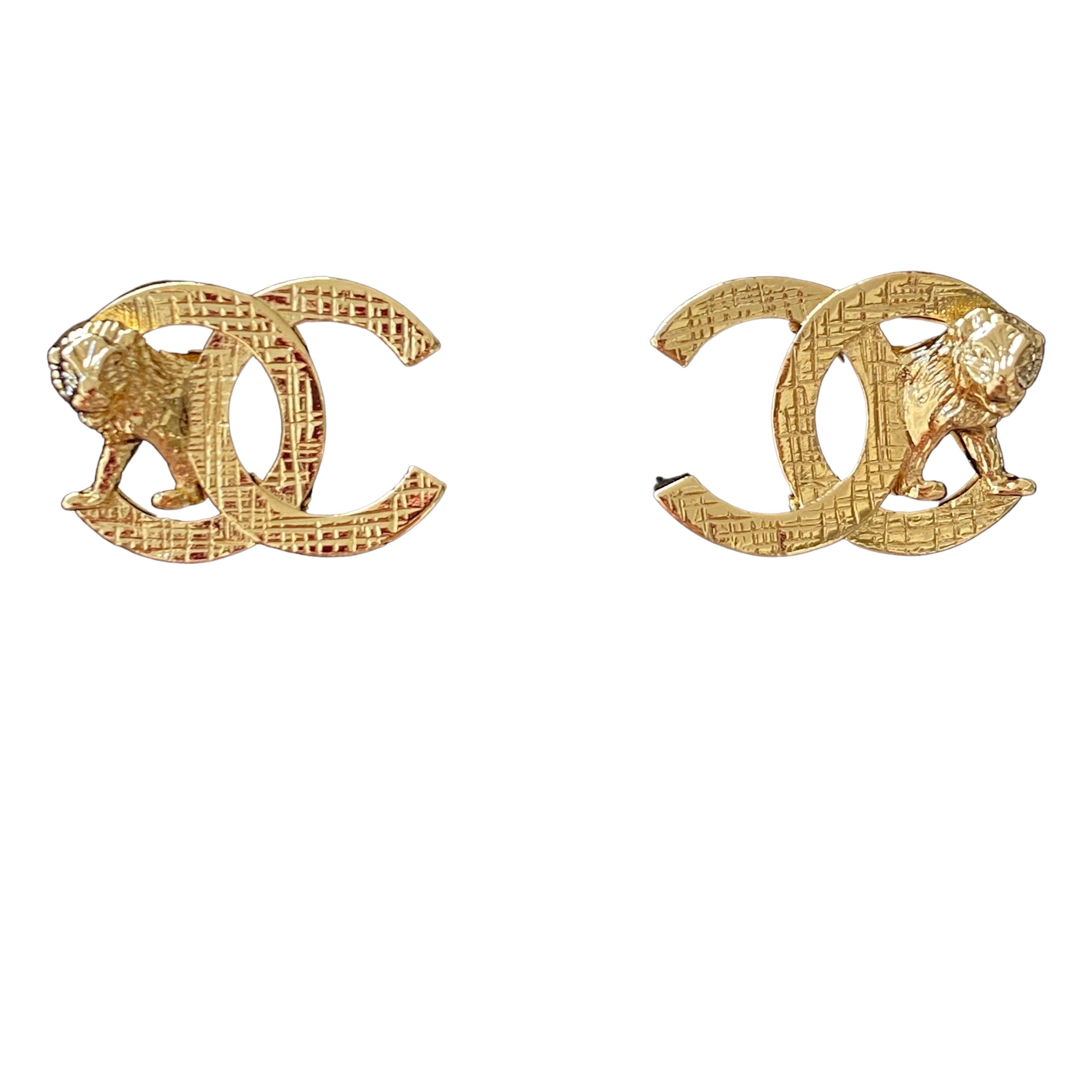 22A Lion Gold CC Logo Stud Earrings