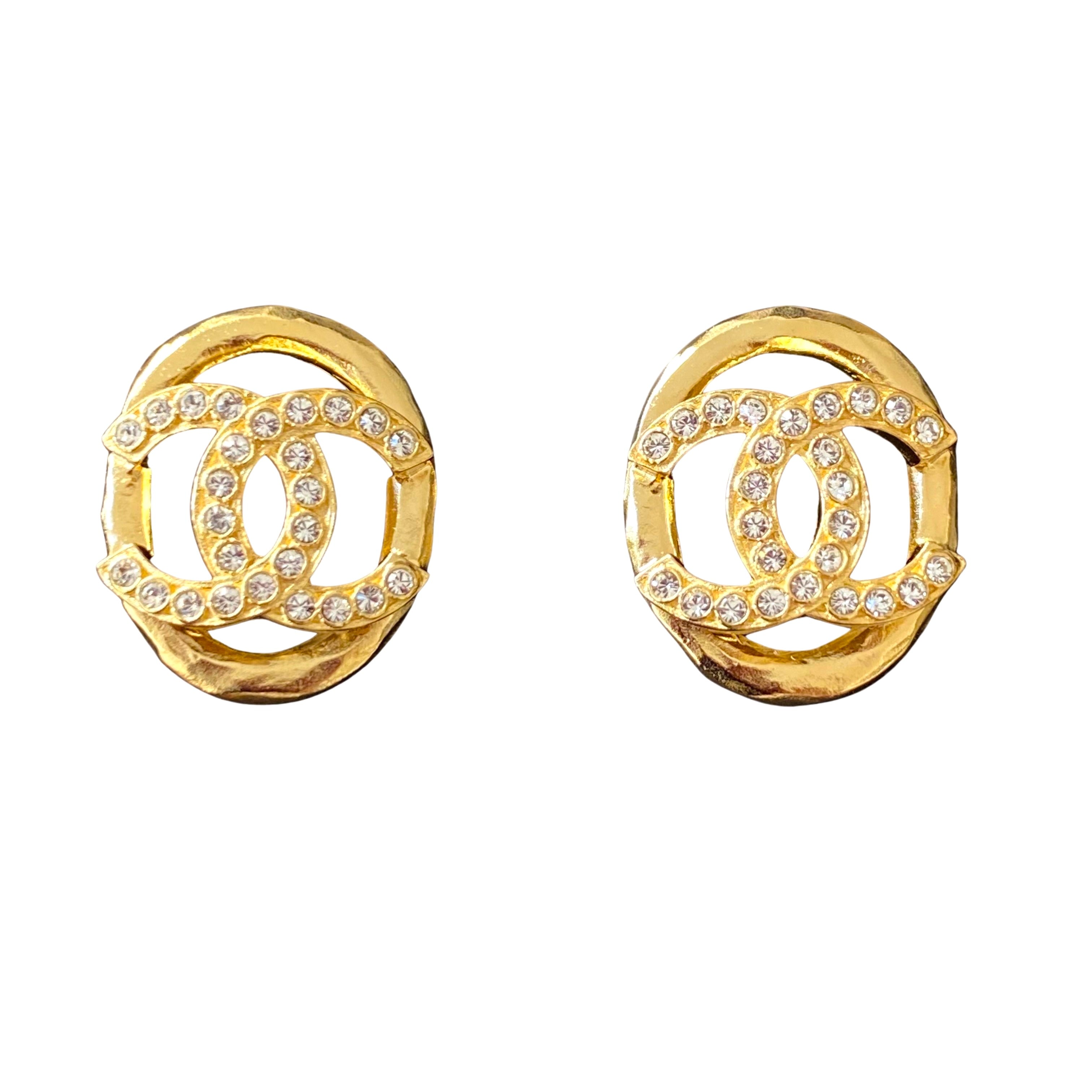 22A Oval Cutout Crystal CC Logo Large Gold Earrings
