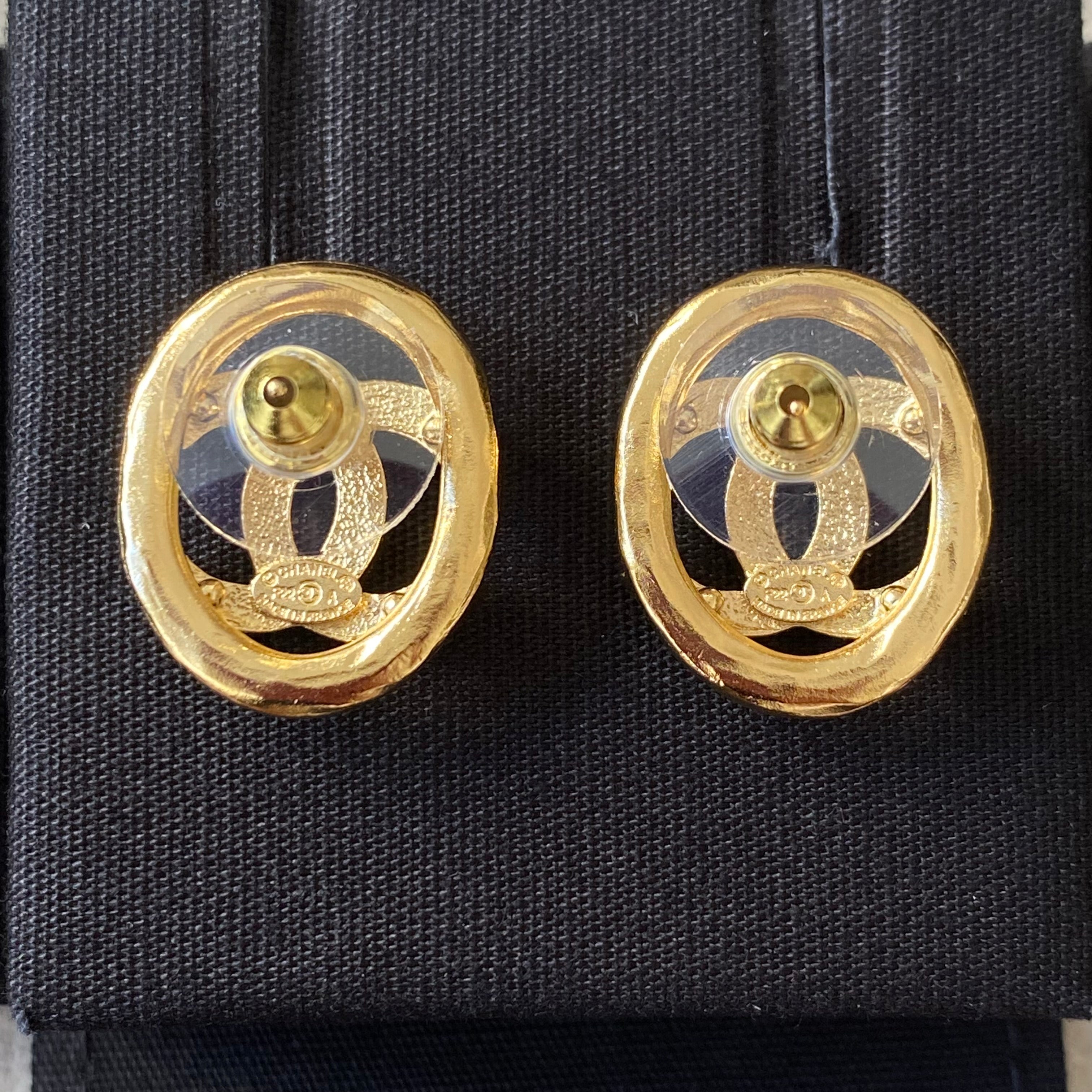 22A Oval Cutout Crystal CC Logo Large Gold Earrings