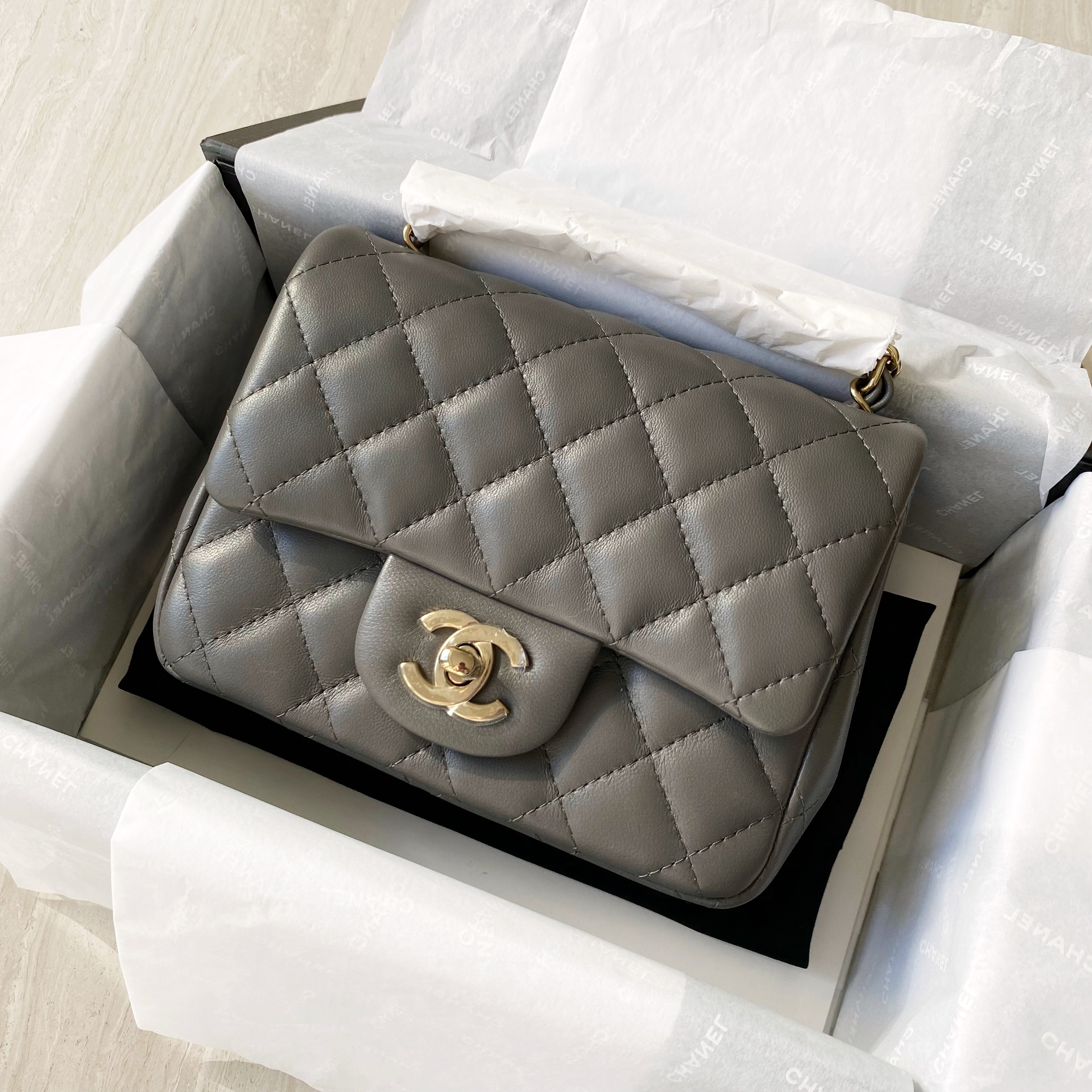 Classic Mini Square Flap Bag in 22A Grey Lambskin