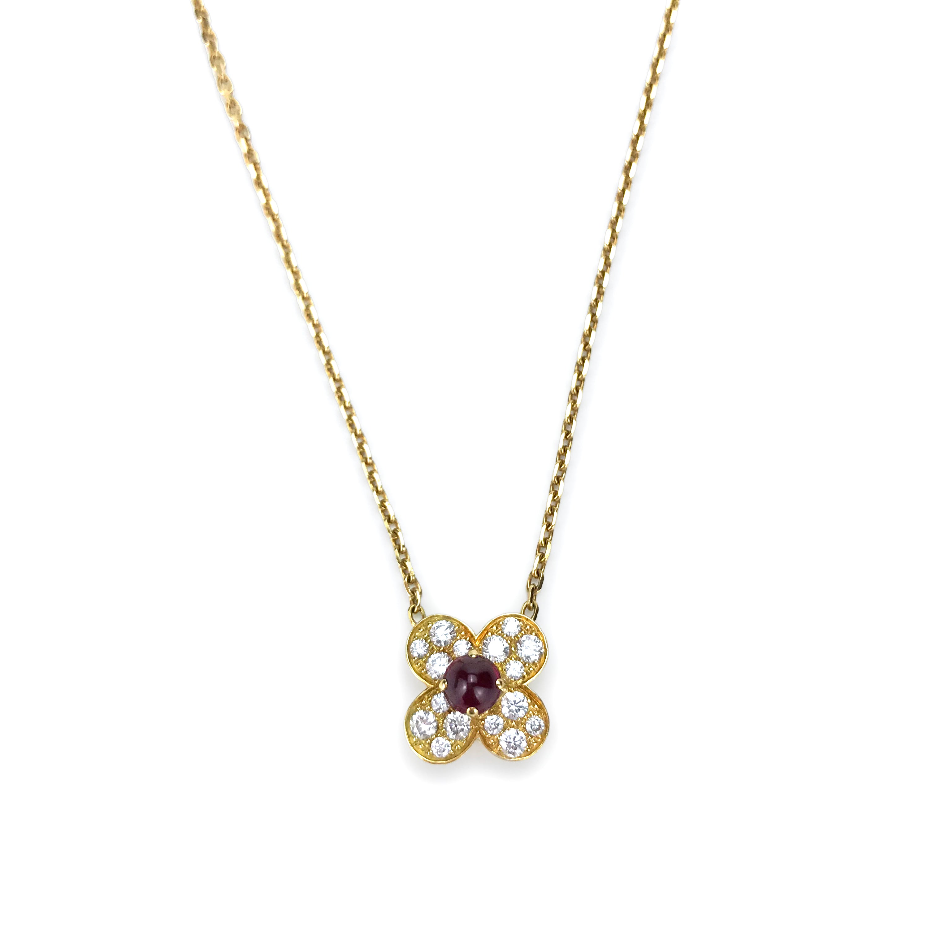 Trefle Alhambra Diamond Ruby Necklace in 18k Yellow Gold