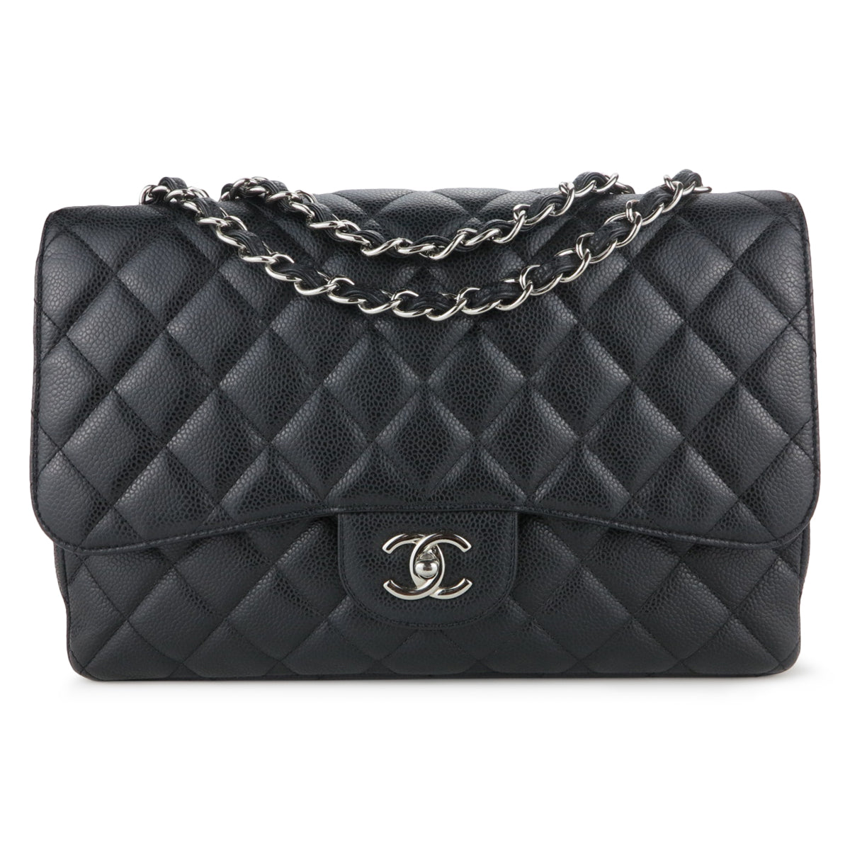 Jumbo Classic Single Flap Bag in Black Caviar