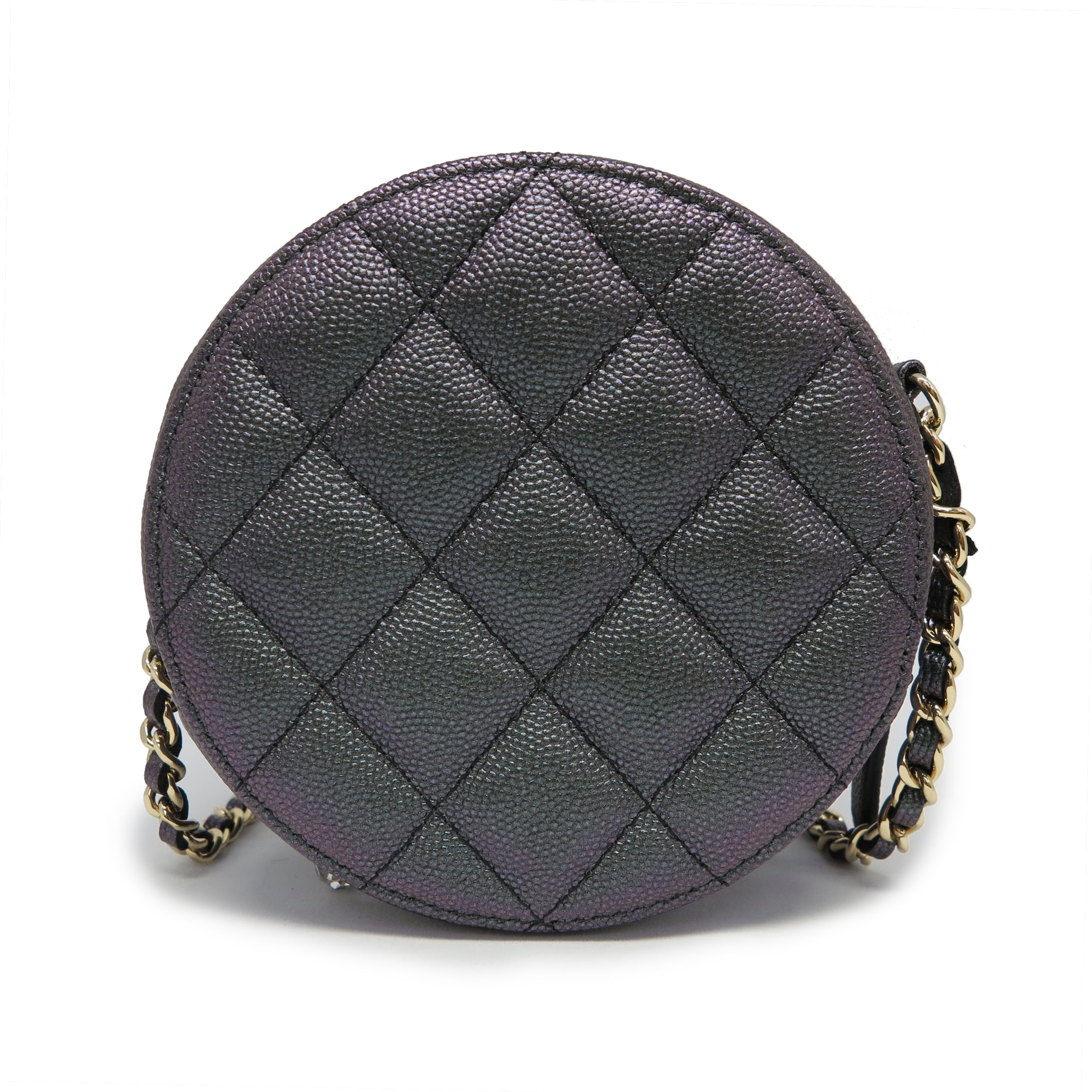 Round Clutch With Chain in Iridescent Black Caviar