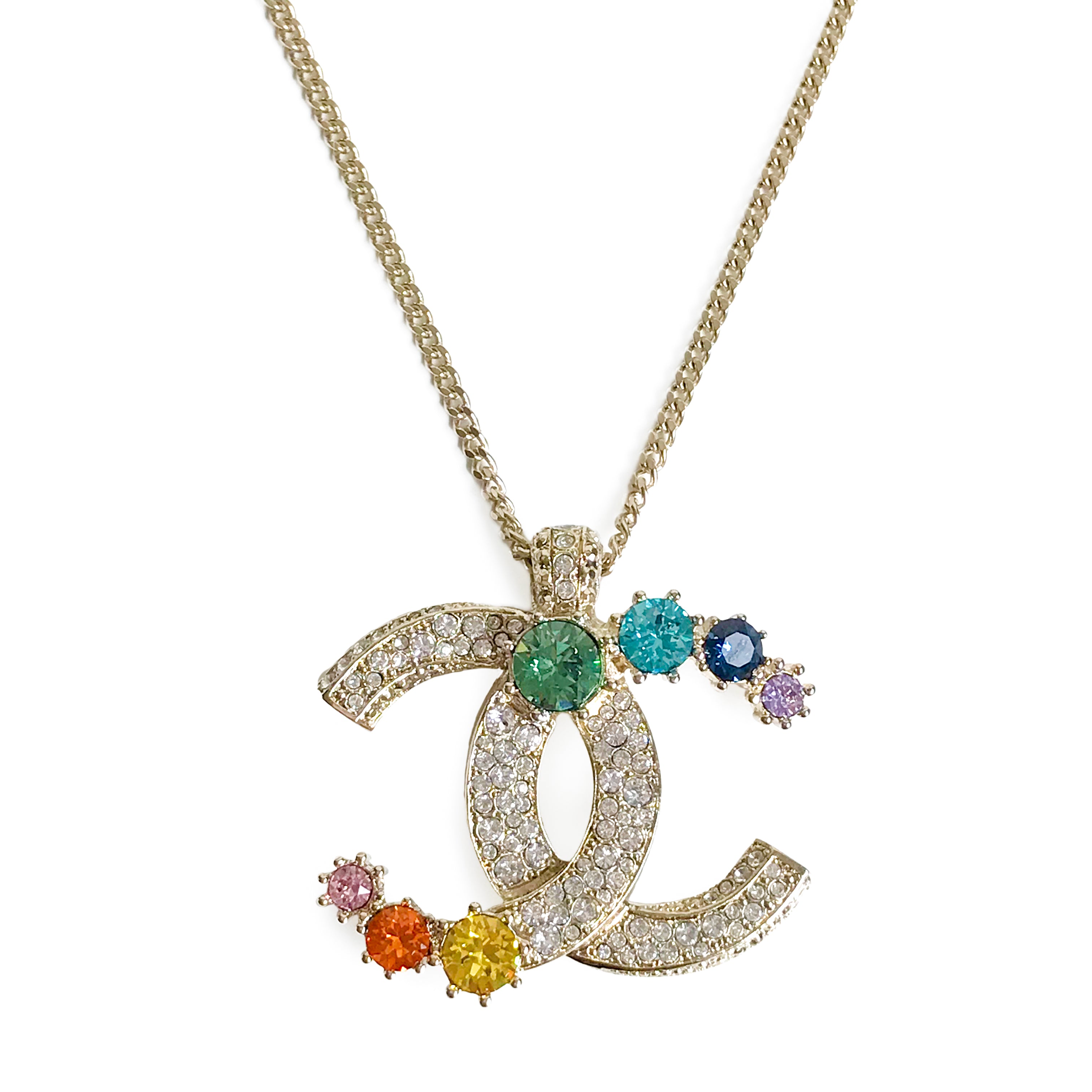 Rainbow Crystal Oversized CC Logo Necklace