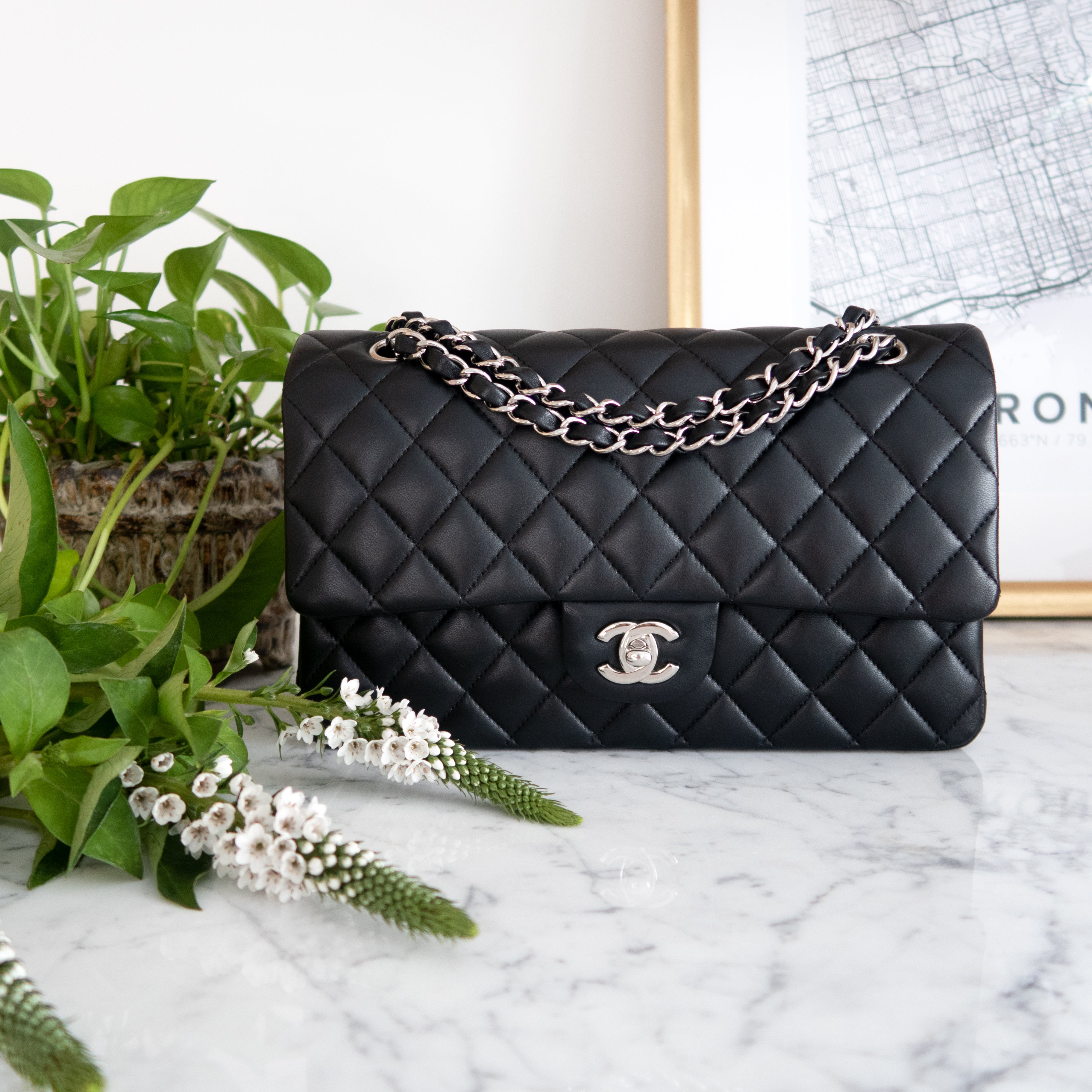 Medium Classic Double Flap Bag in Black Lambskin