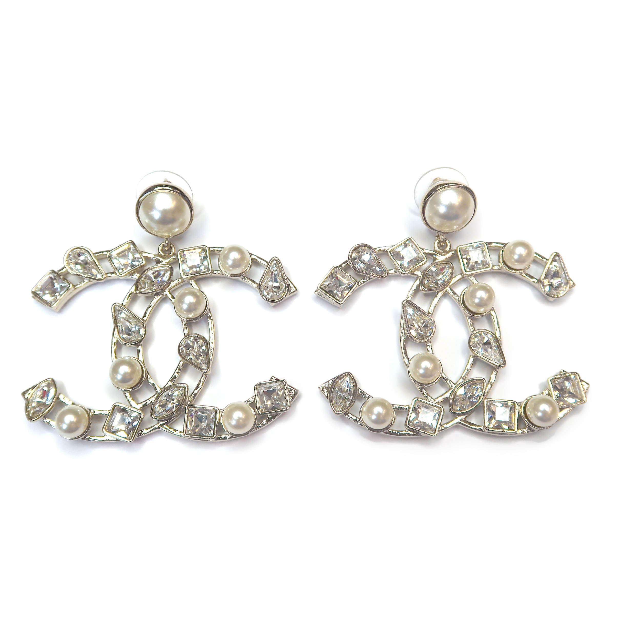 Crystal Pearl Cutout Oversized CC Logo Dangle Earrings