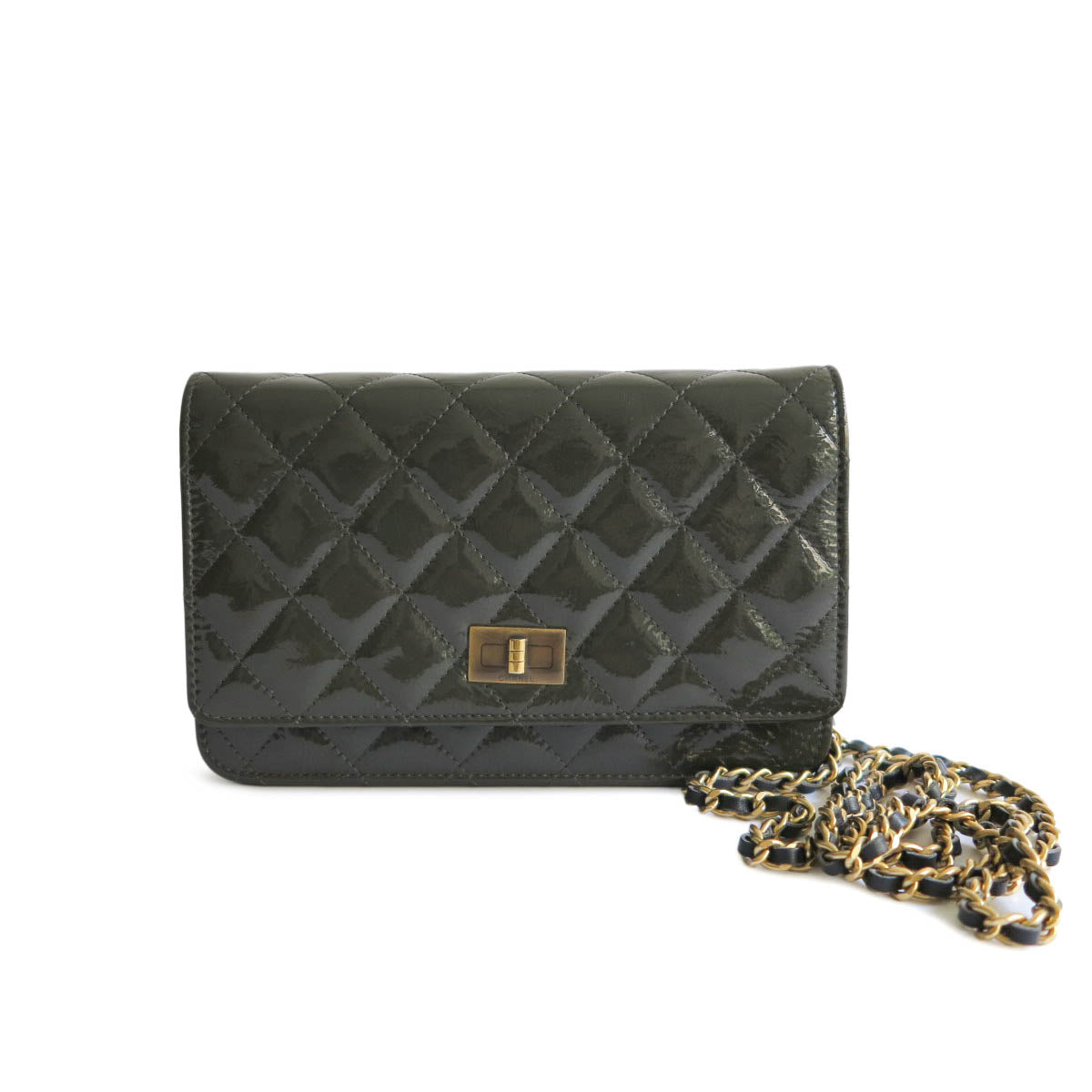 2.55 Wallet On Chain WOC in Dark Olive Grey Patent Leather