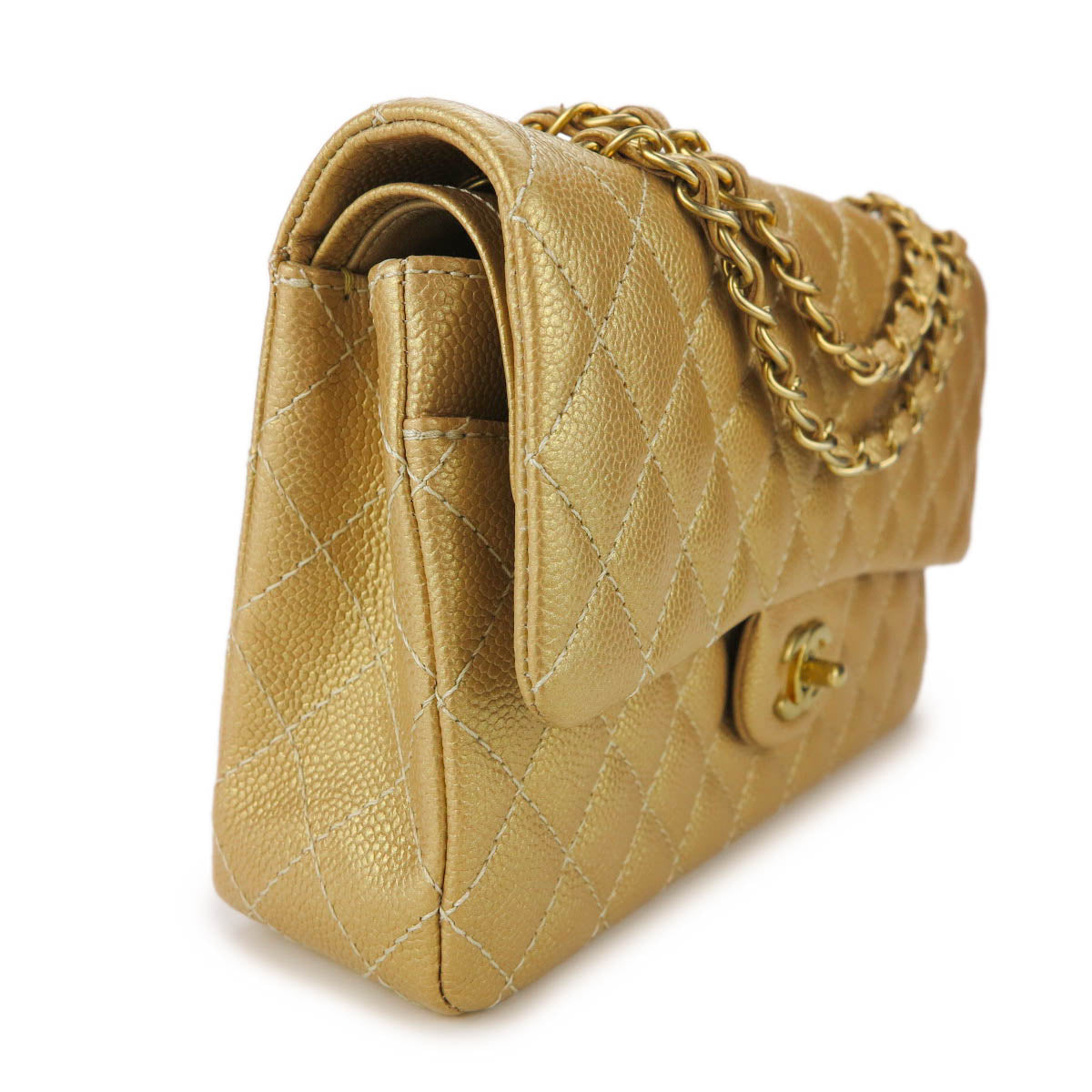 Medium Classic Double Flap Bag in Pearly Gold Caviar