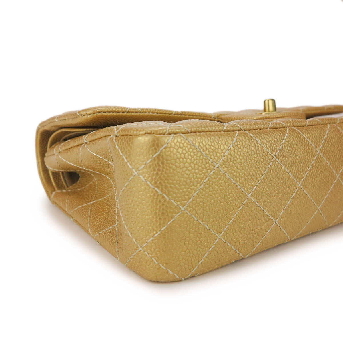 Medium Classic Double Flap Bag in Pearly Gold Caviar