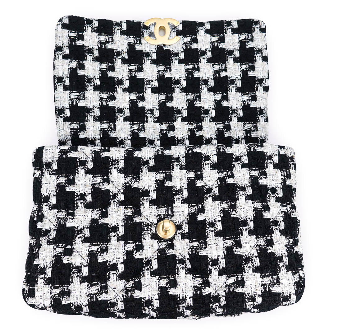 CHANEL 19 Medium Flap Bag in Black And White Ribbon Houndstooth Tweed