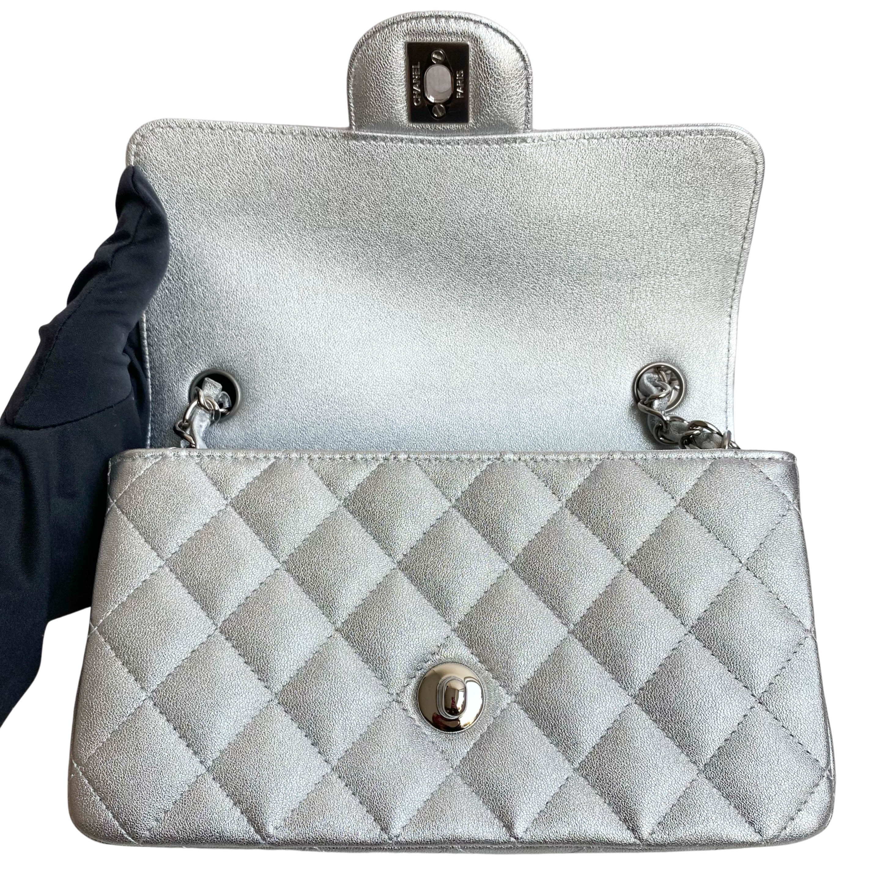 21P Silver Lambskin Mini Rectangular Flap Bag