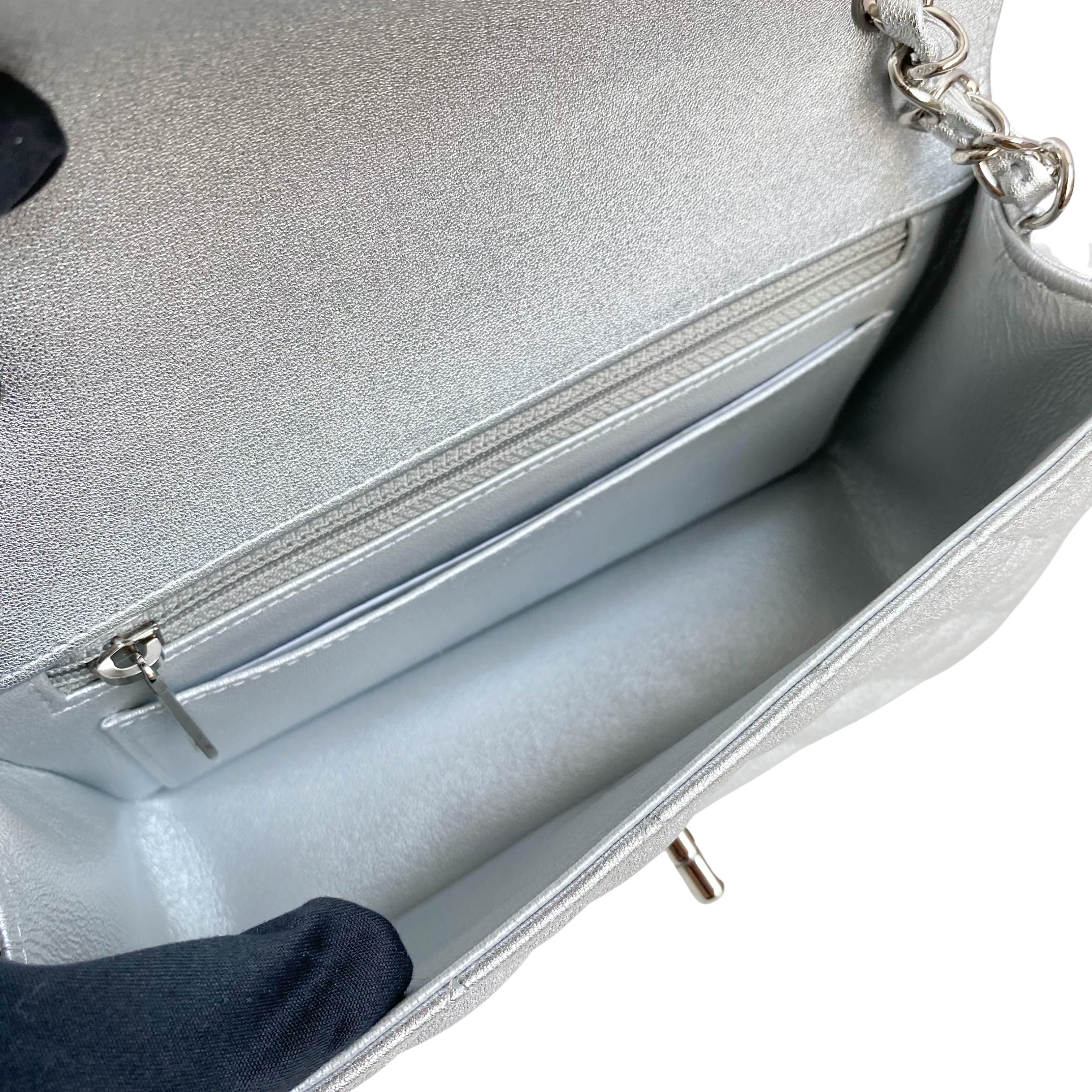 21P Silver Lambskin Mini Rectangular Flap Bag