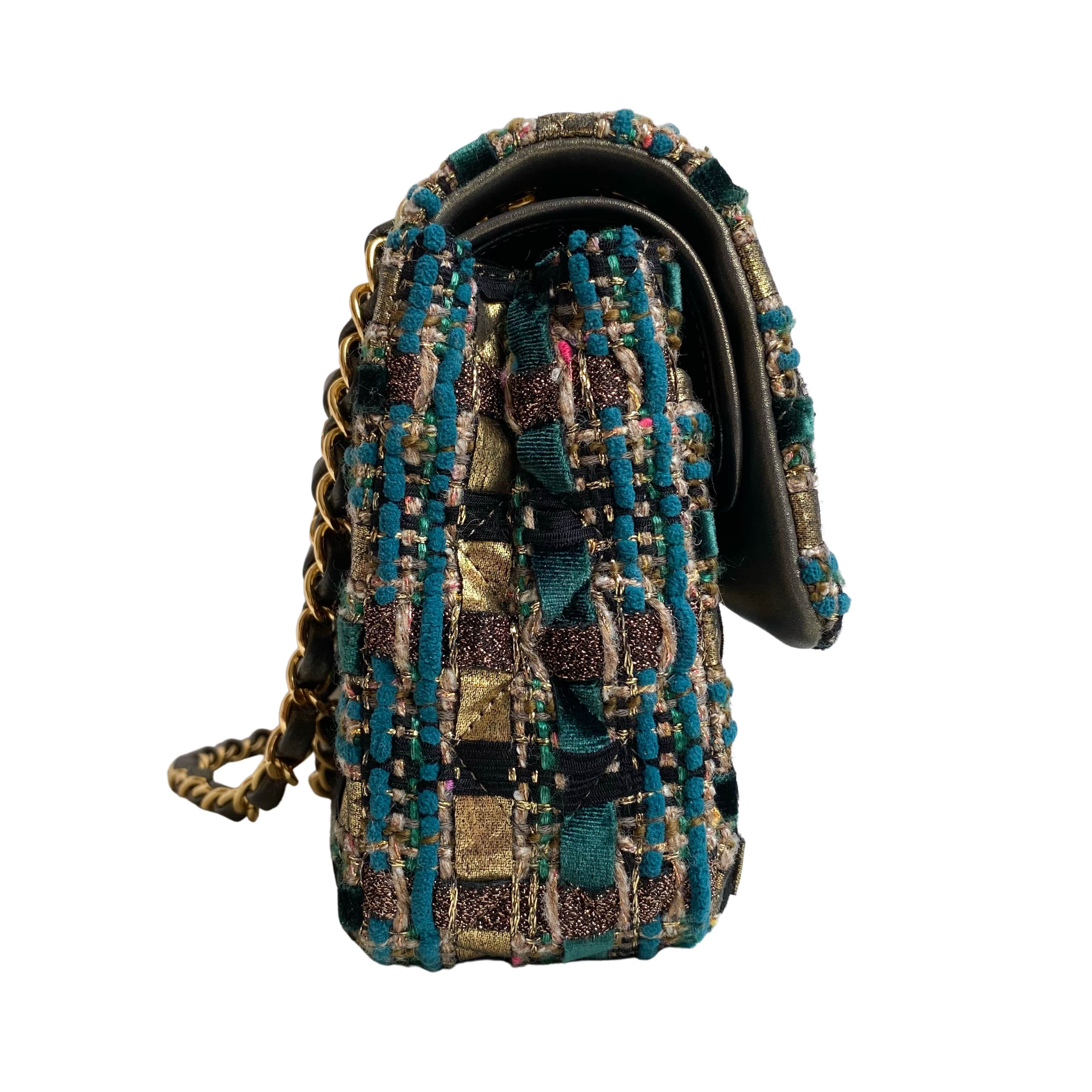 19A Ancient Egypt Gold Green Tweed Medium Classic Double Flap Bag