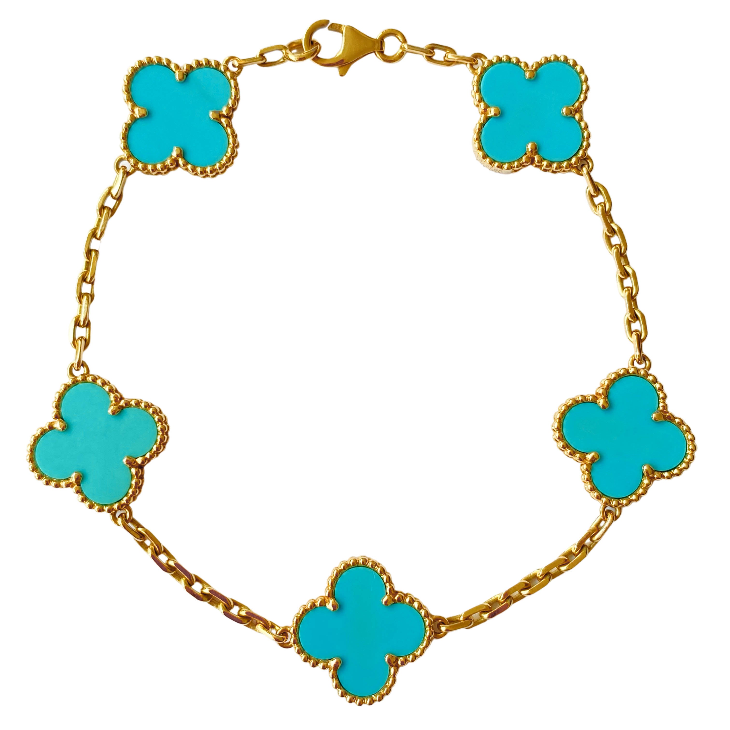 Turquoise Vintage Alhambra 5 Motifs Bracelet 18k Yellow Gold