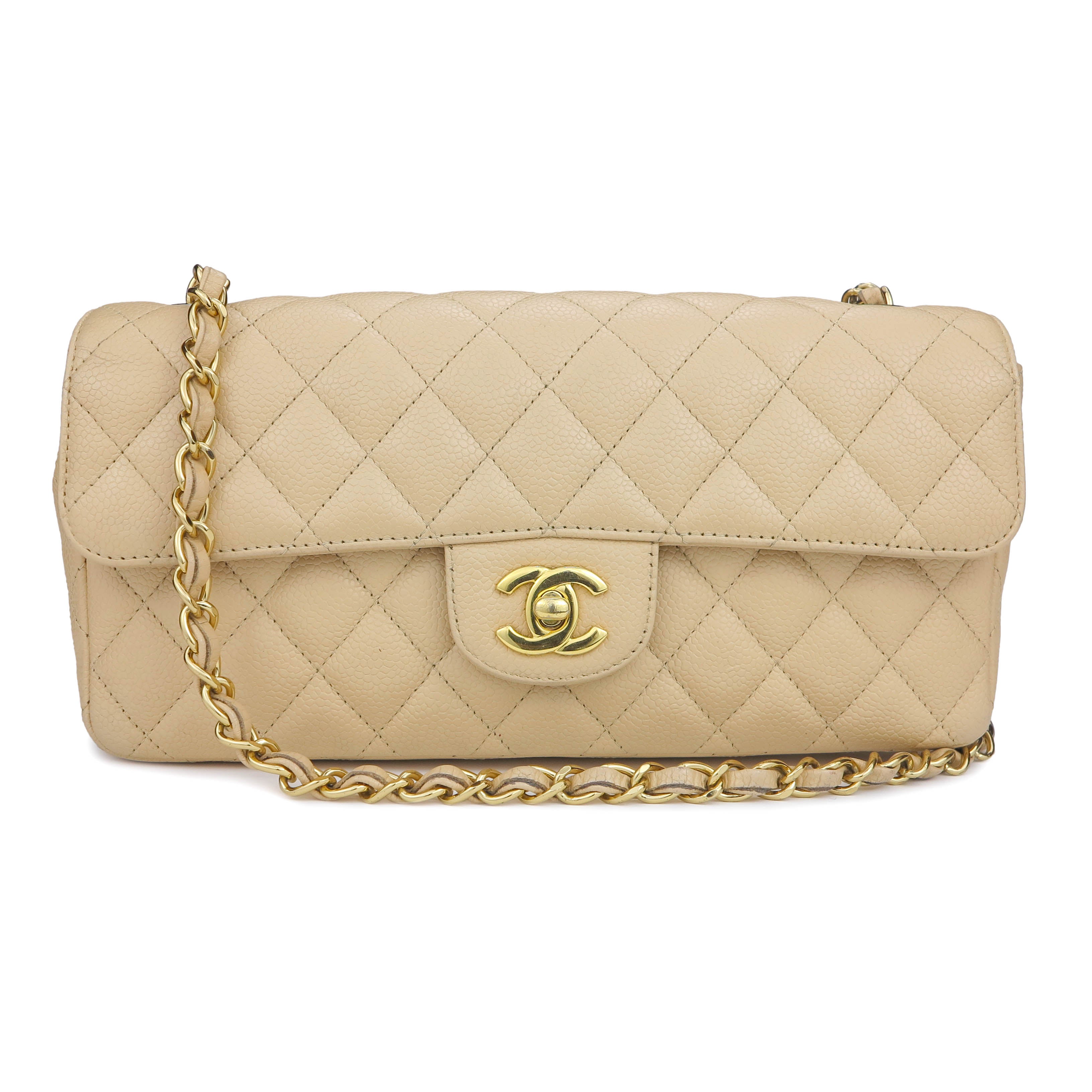 East West Flap Bag in Beige Clair Caviar GHW