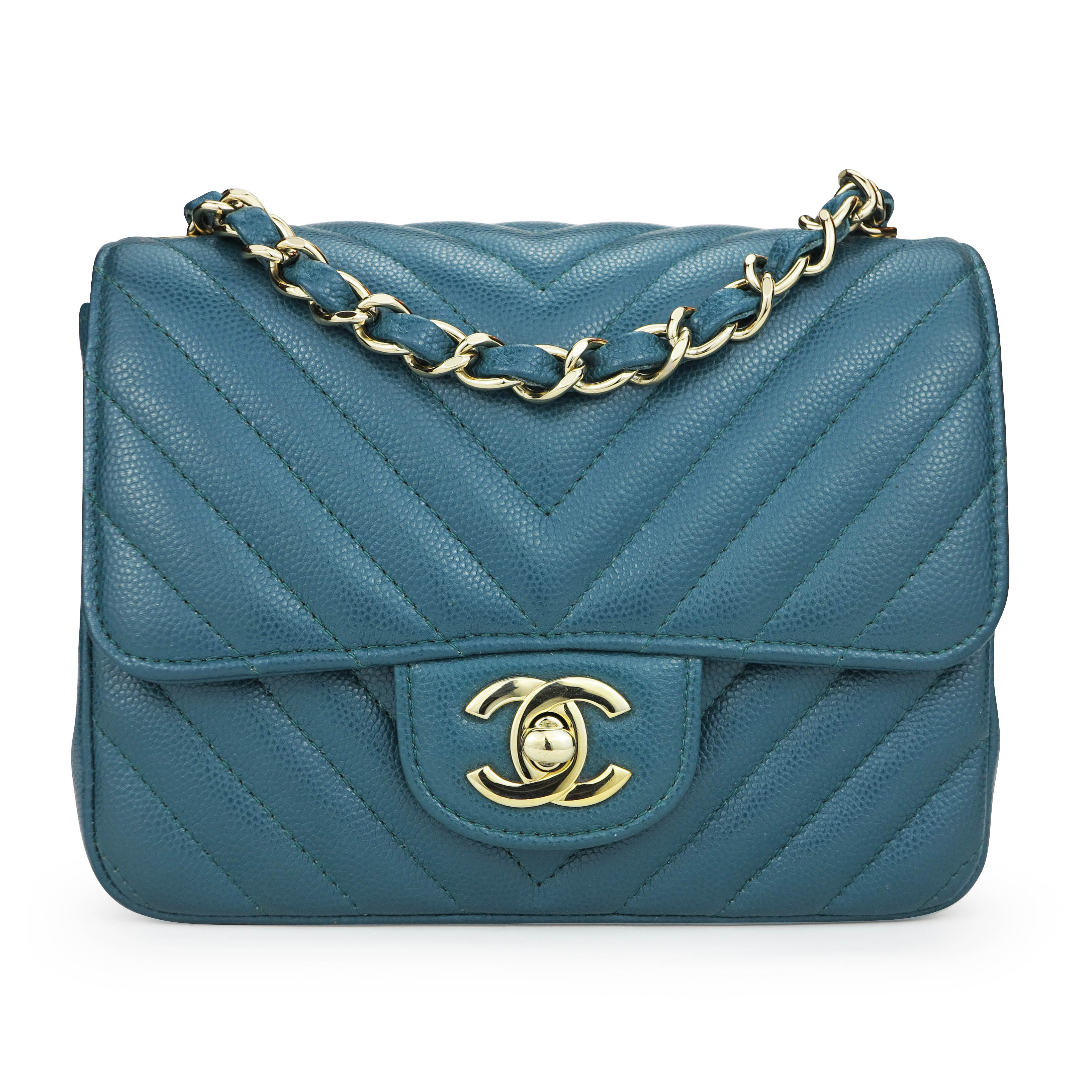 Classic Mini Square Flap Bag in 18B Turquoise Caviar