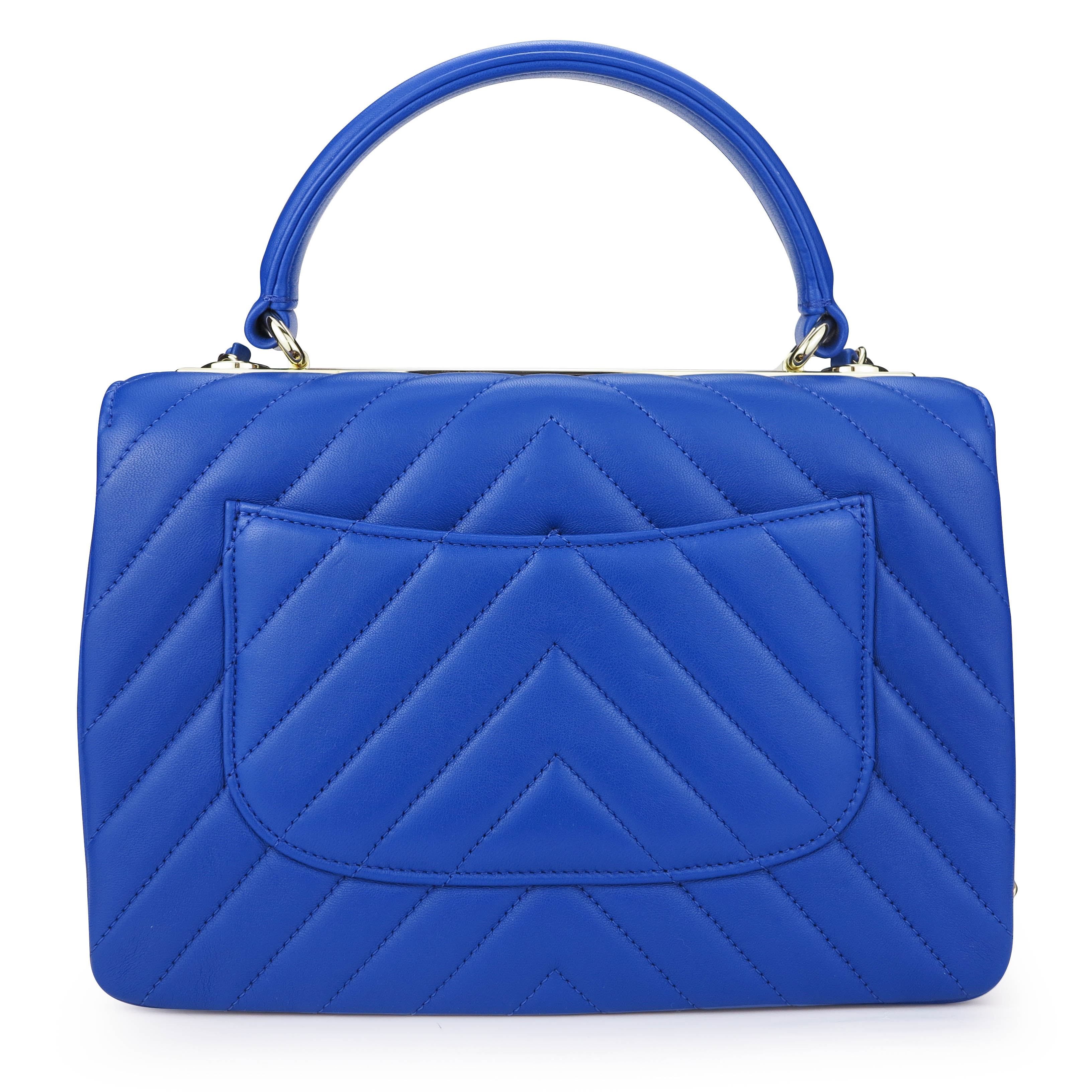 Small Trendy CC Flap Bag with Top Handle in Chevron Blue Lambskin