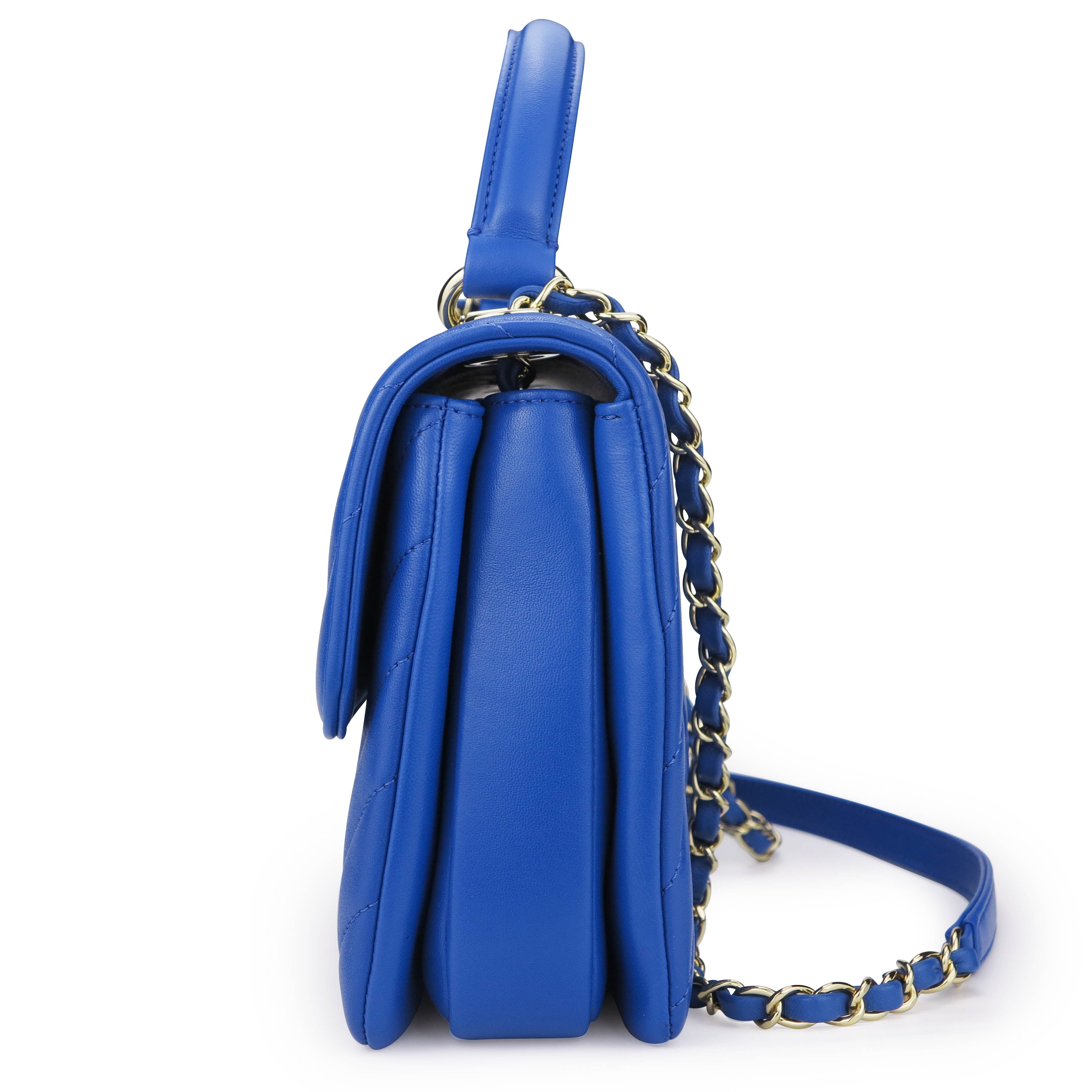 Small Trendy CC Flap Bag with Top Handle in Chevron Blue Lambskin