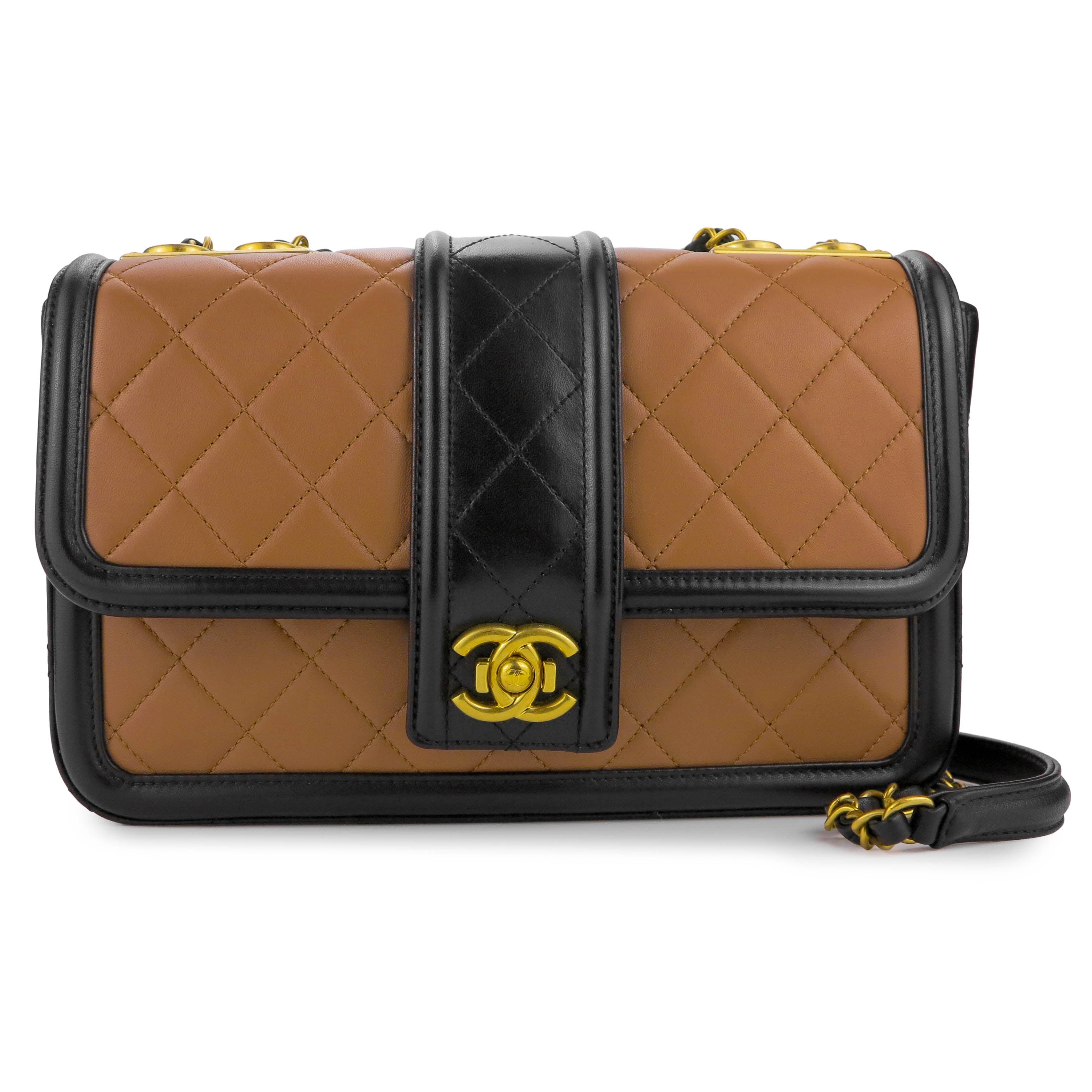 Elegant CC Medium Flap Bag in Caramel Black Lambskin