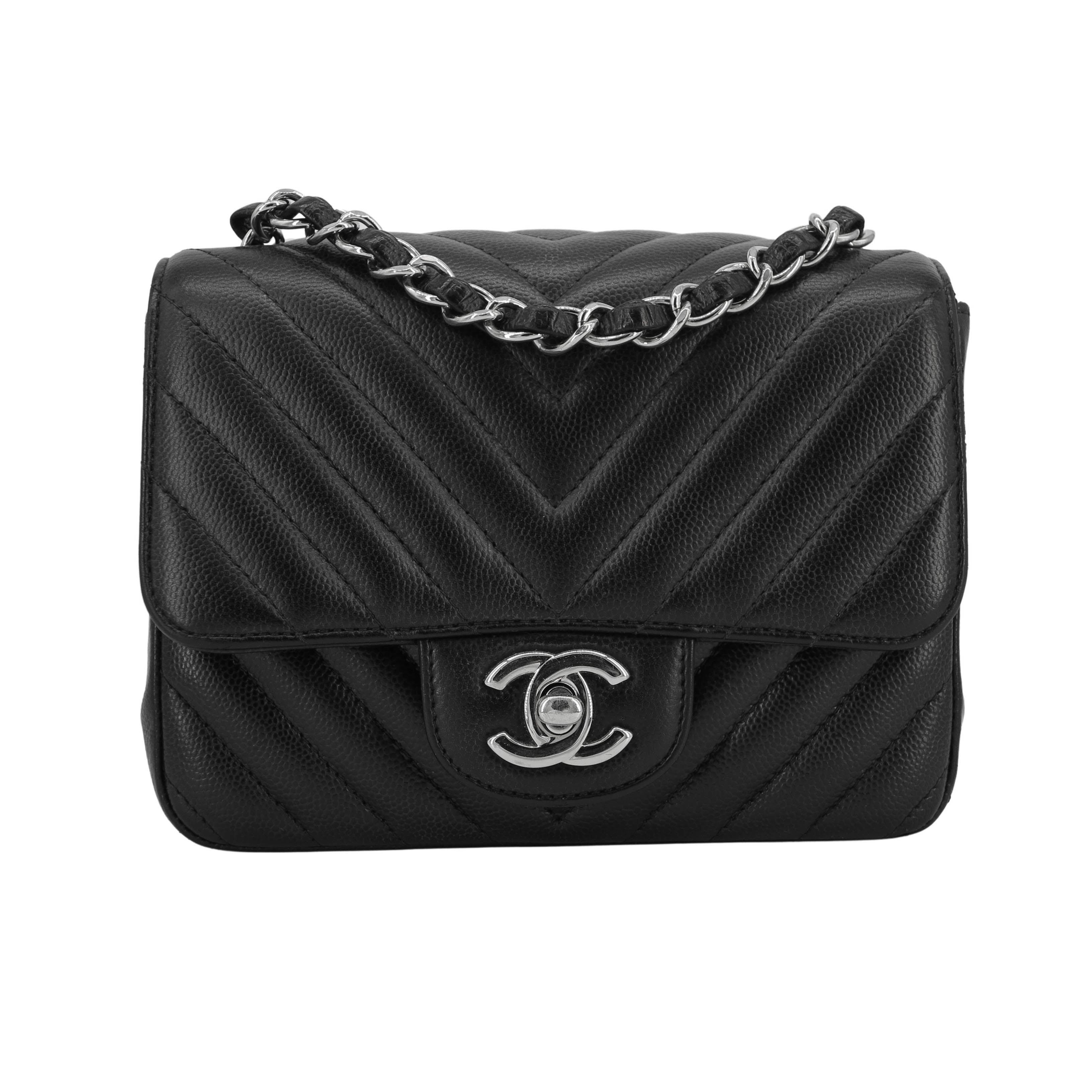 Classic Chevron Mini Square Flap Bag in Black Caviar