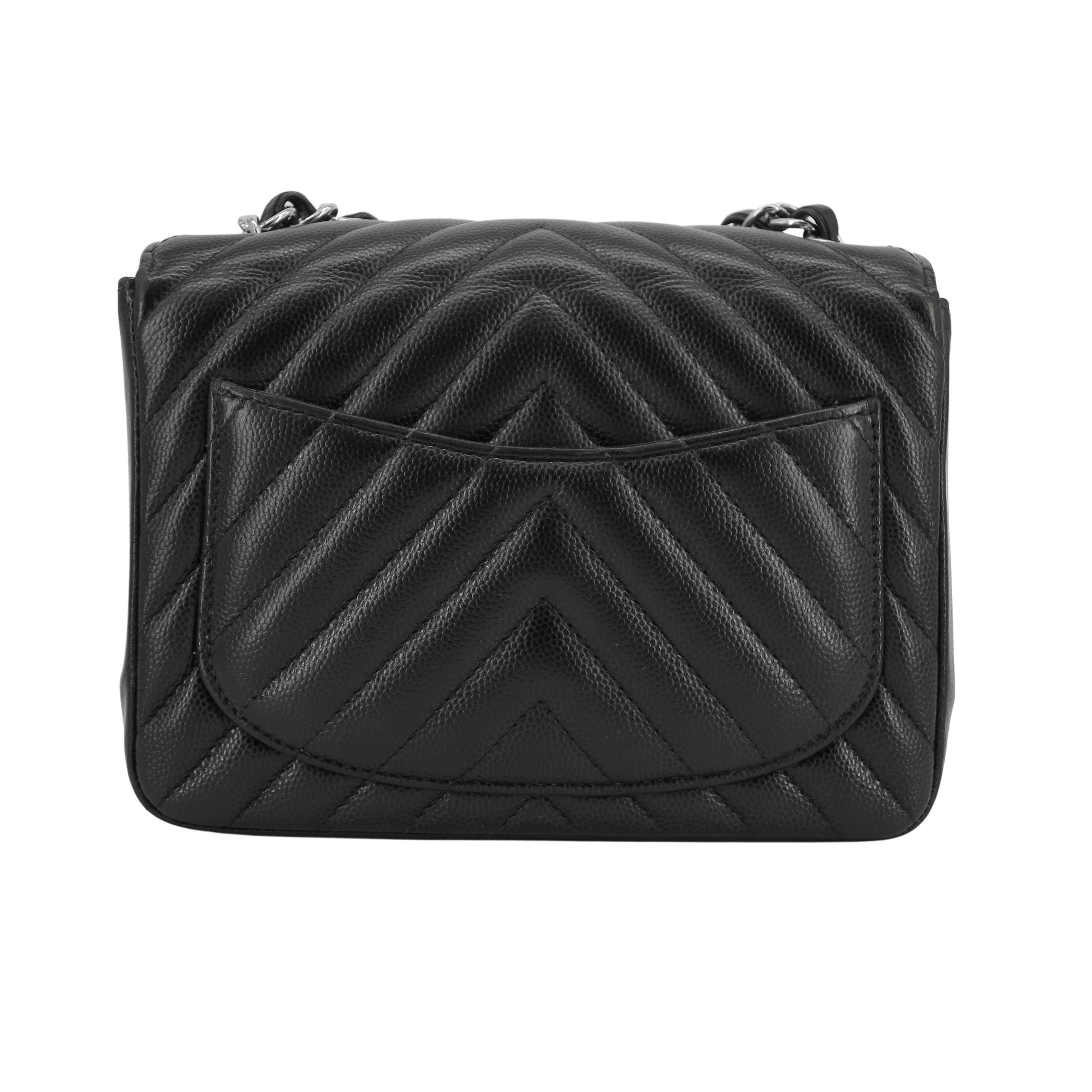 Classic Chevron Mini Square Flap Bag in Black Caviar