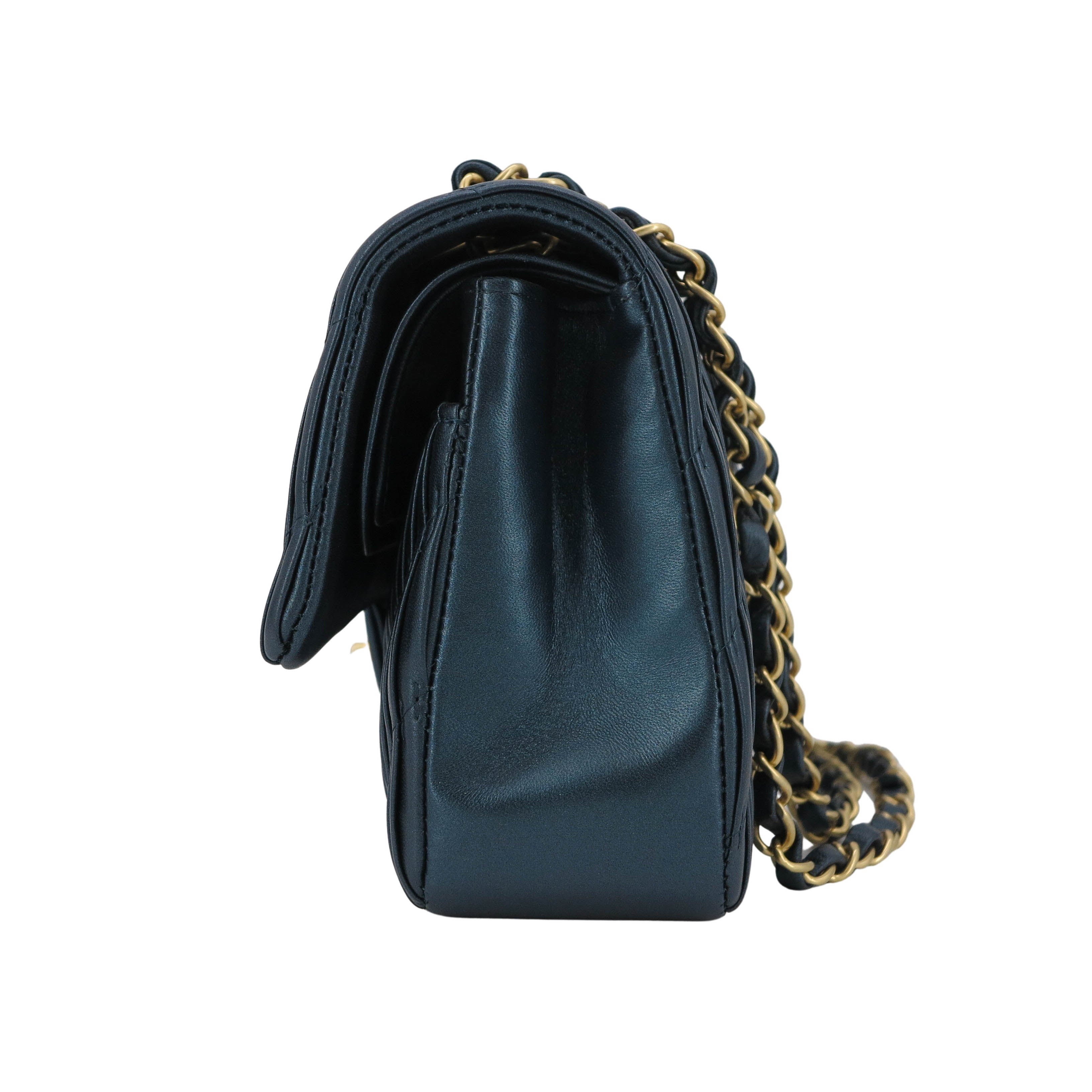 18C Pleated Chevron Medium Classic Double Flap Bag in Dark Blue Calfskin