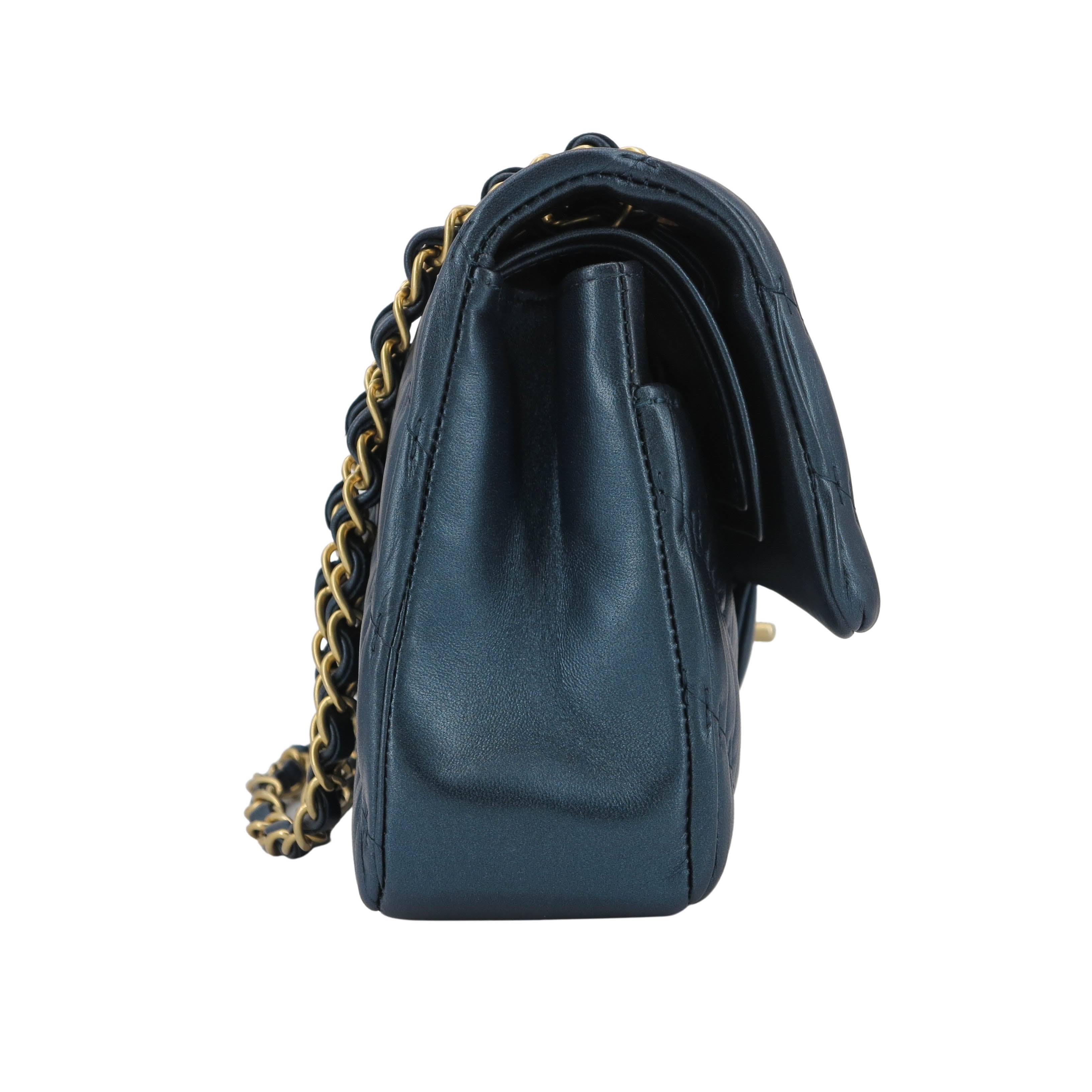 18C Pleated Chevron Medium Classic Double Flap Bag in Dark Blue Calfskin