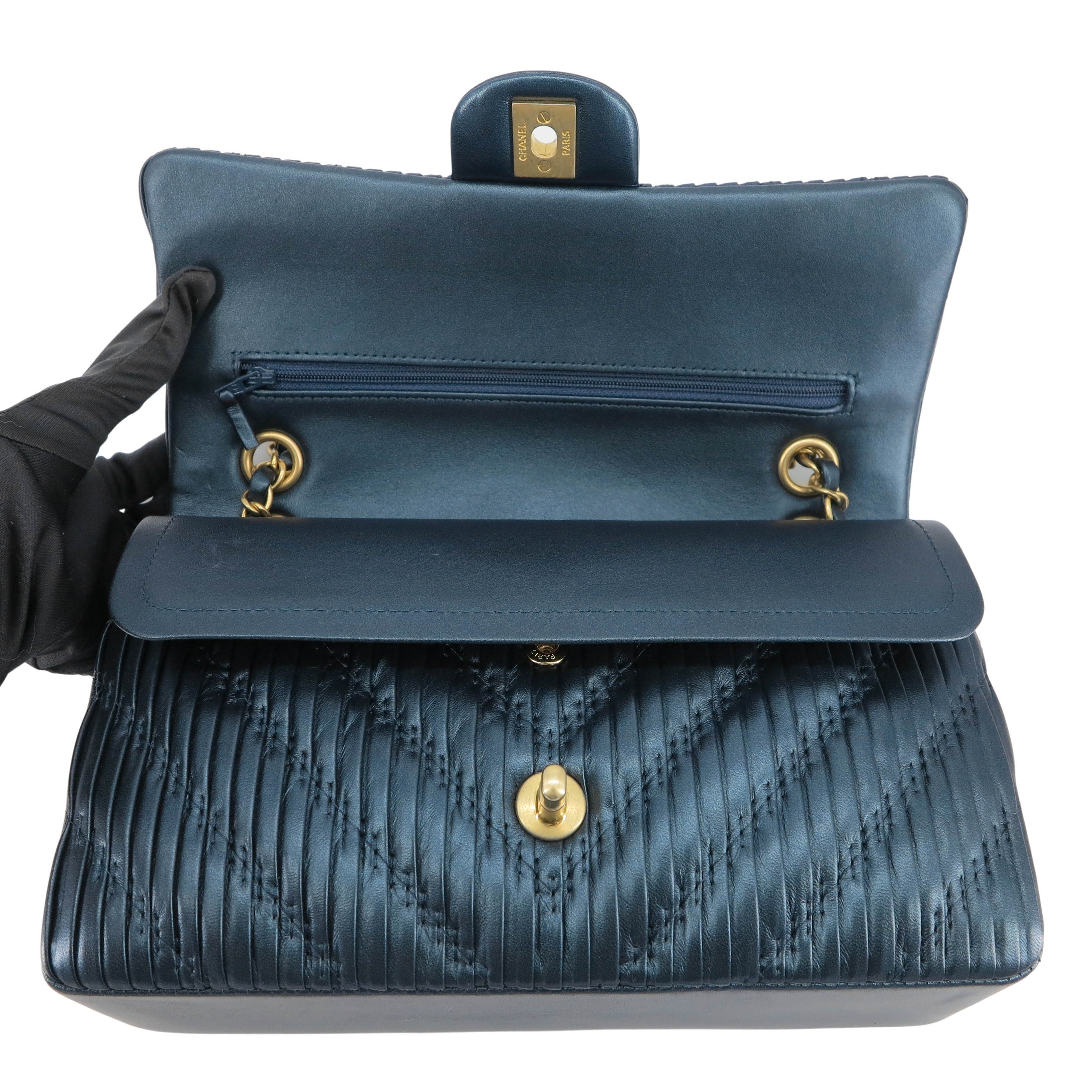 18C Pleated Chevron Medium Classic Double Flap Bag in Dark Blue Calfskin