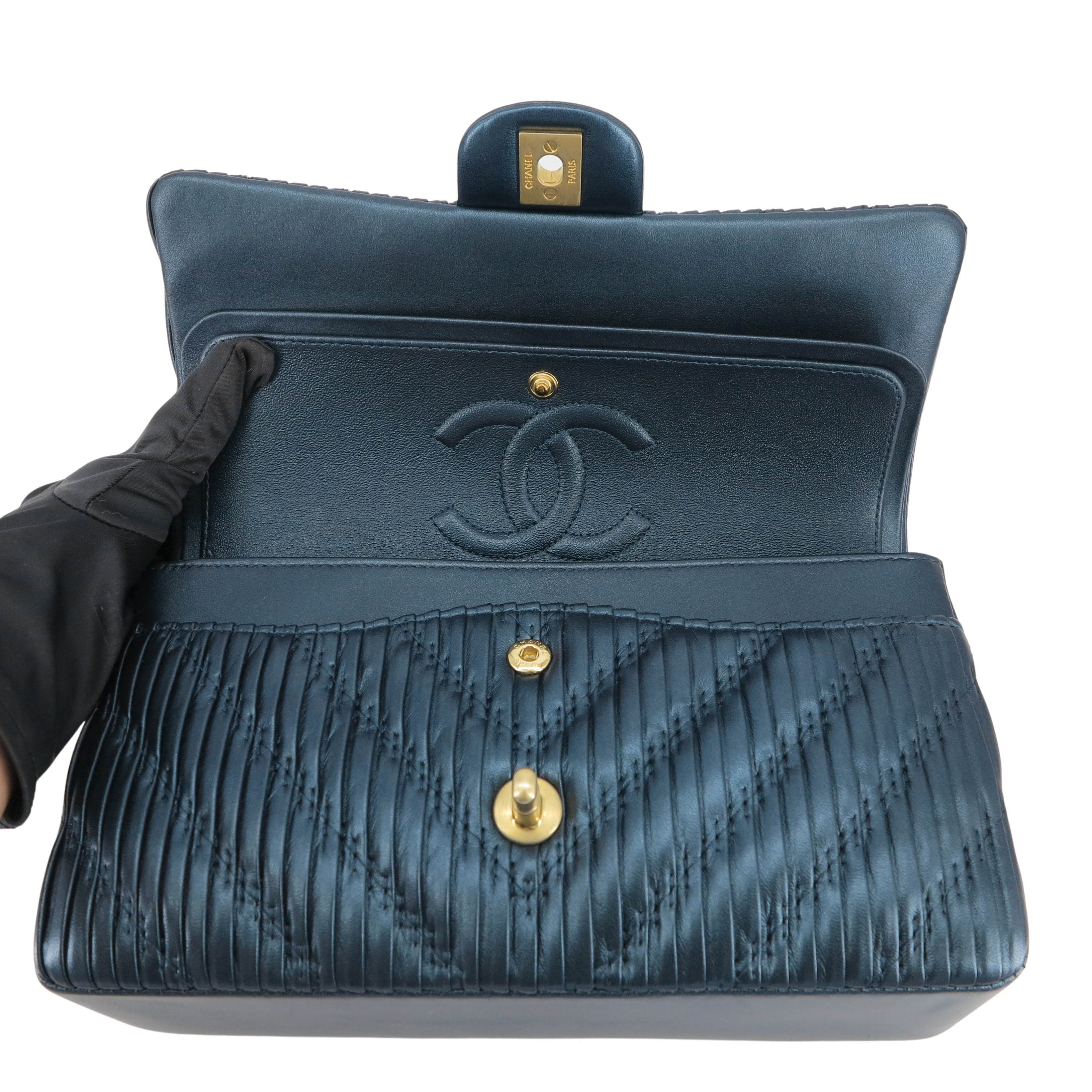 18C Pleated Chevron Medium Classic Double Flap Bag in Dark Blue Calfskin