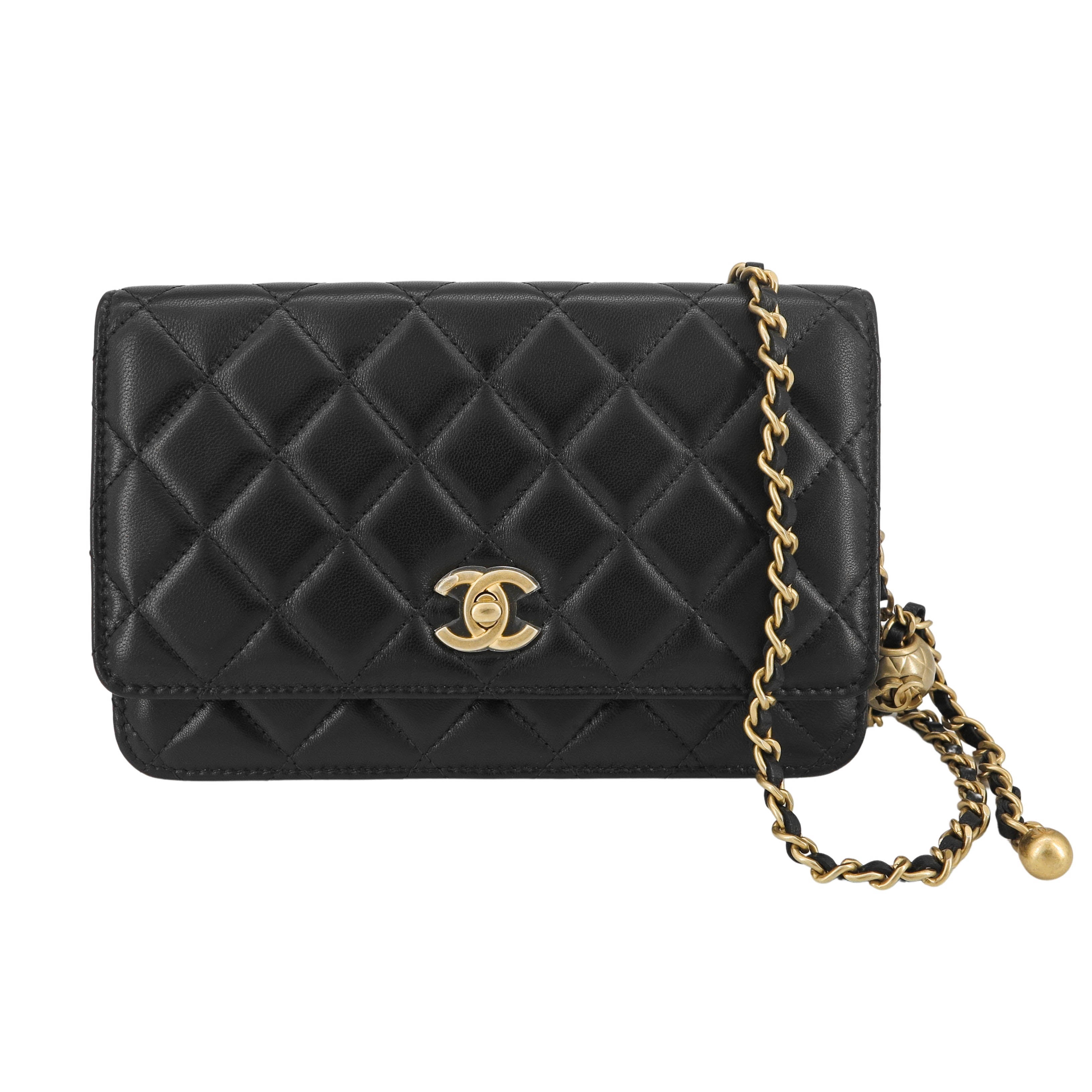 Pearl Crush Wallet On Chain WOC in Black Lambskin GHW