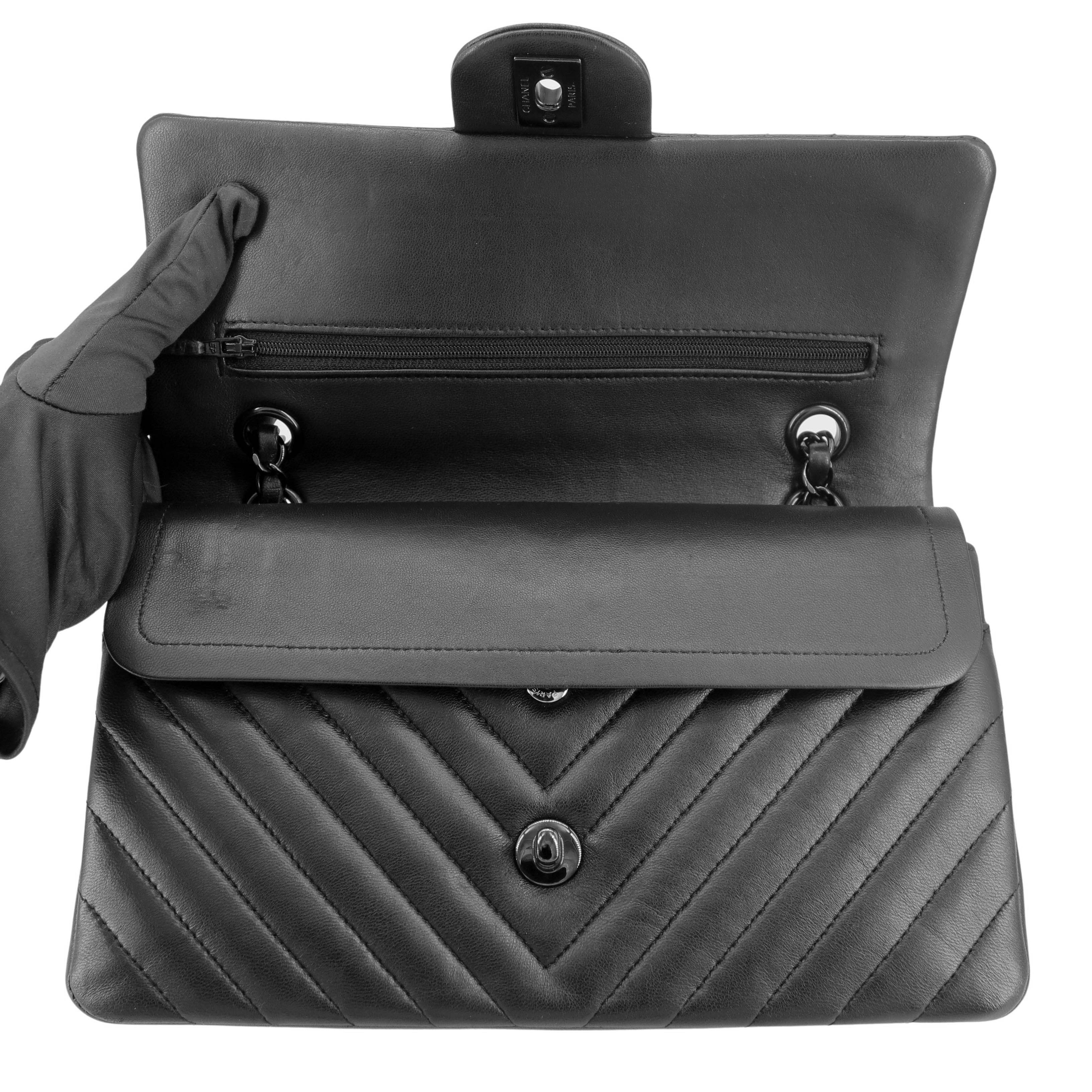 15S So Black Lambskin Chevron Medium Classic Double Flap Bag