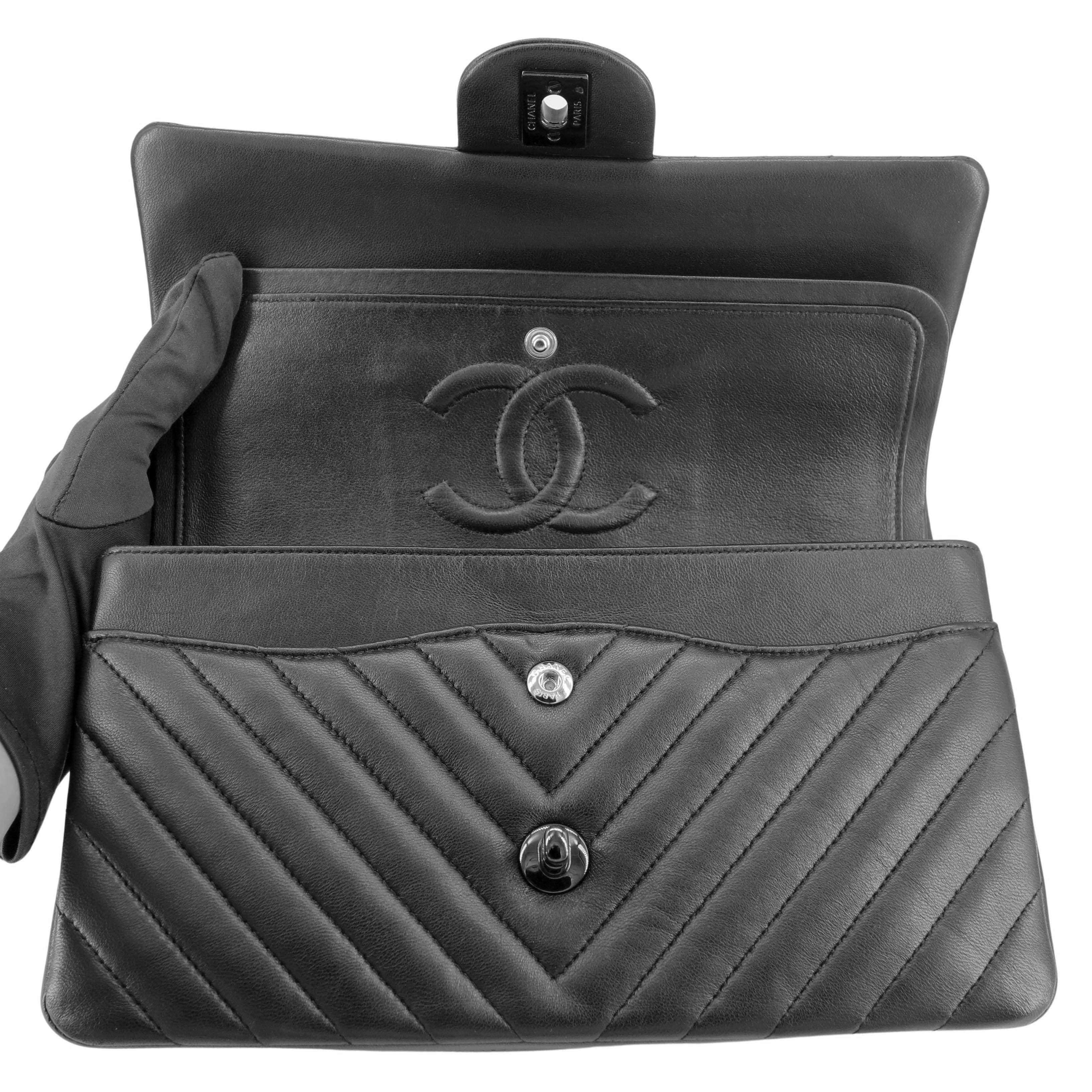 15S So Black Lambskin Chevron Medium Classic Double Flap Bag