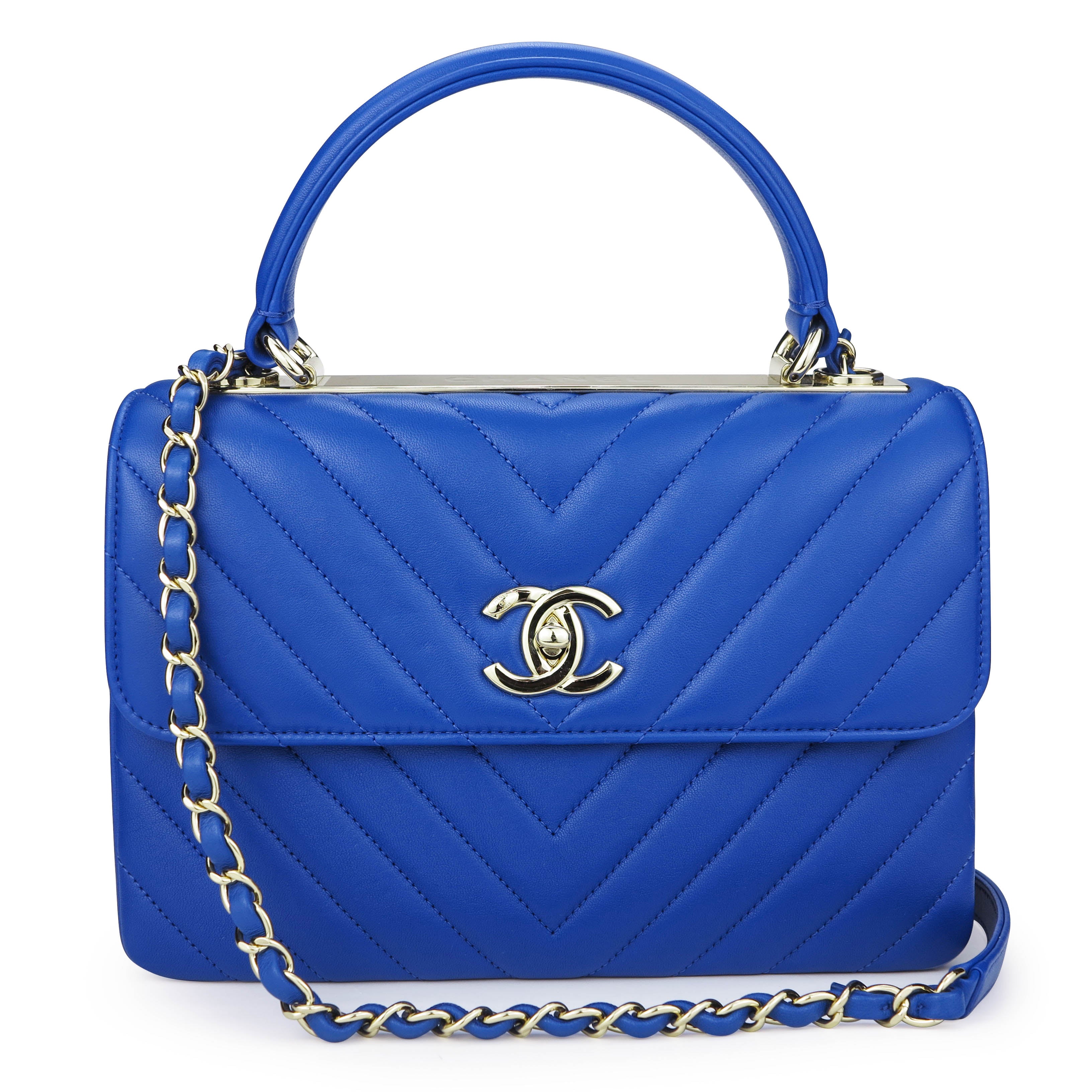 Small Trendy CC Flap Bag with Top Handle in Chevron Blue Lambskin