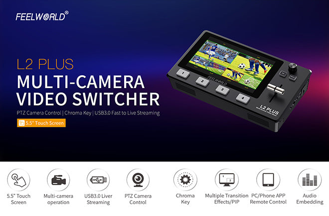 Feelworld L2 Plus Multi-Kamera-Video-Mixer-Umschalter 5,5 LCD-Touchscreen 4 x HDMI-Eingänge PTZ-Steuerung Chroma Key USB3.0 Live-Streaming 