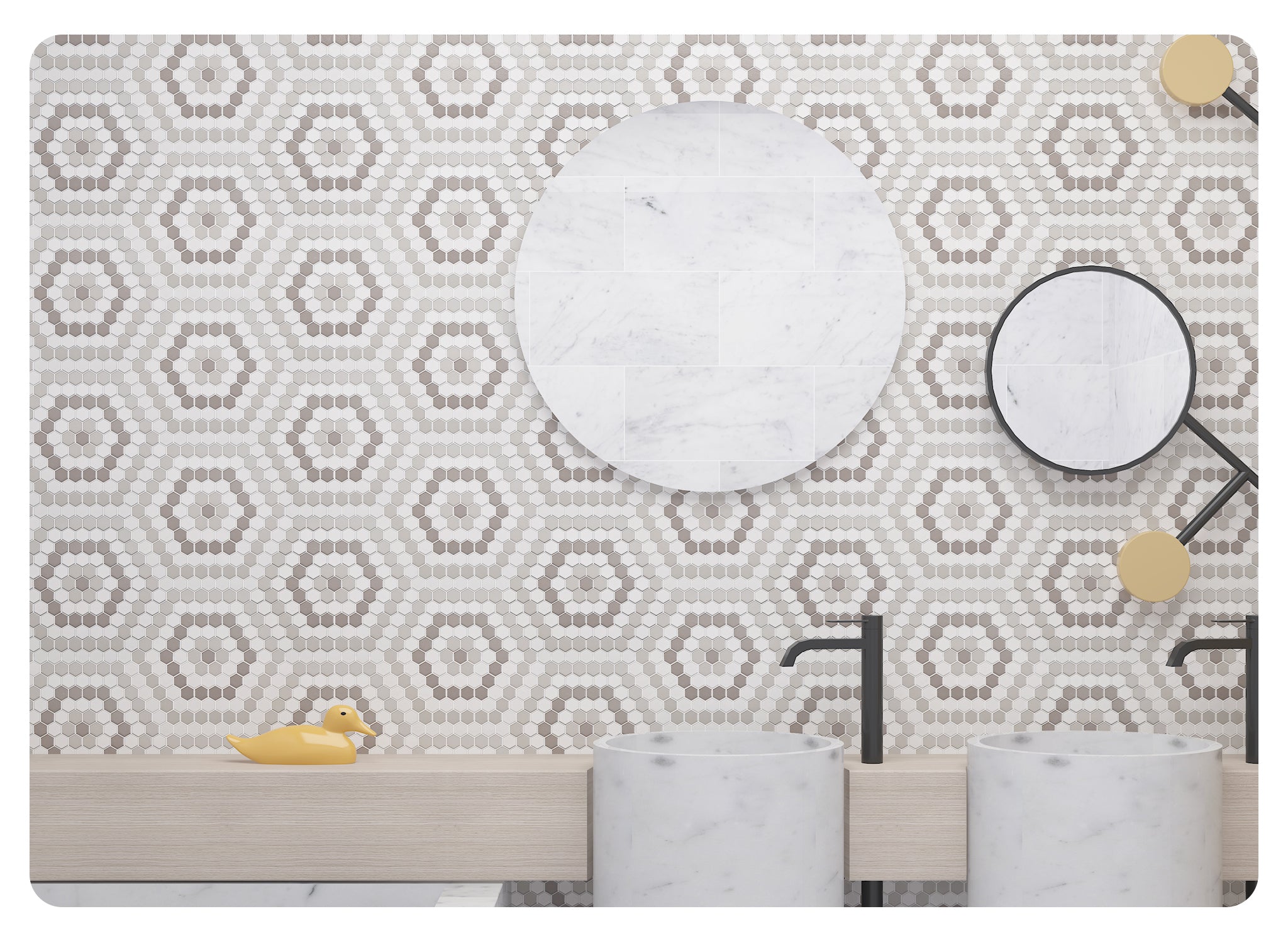 Ceramic 25mm Hexagon Mosaic Tile Honed White &Light Grey & Dark Grey Mixed Pack Of 10