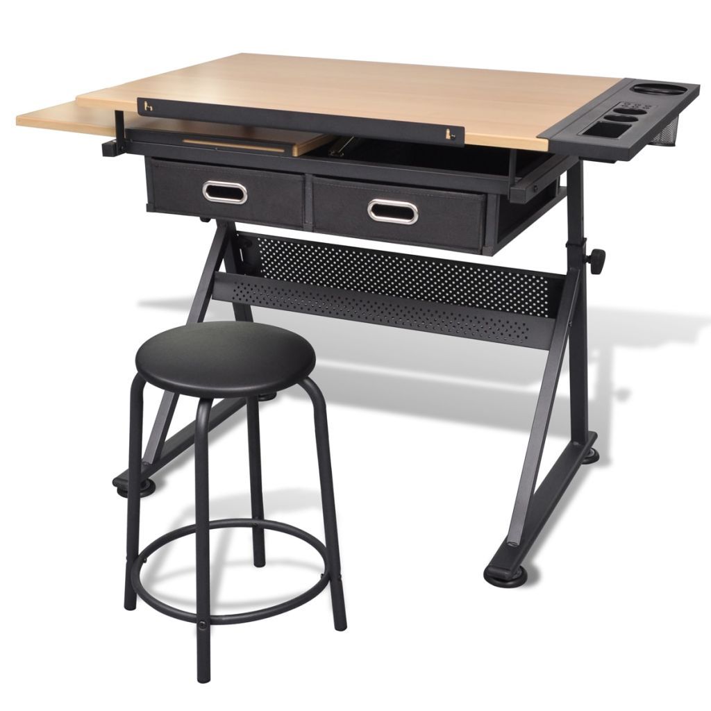 vidaXL Two Drawers Tiltable Tabletop Drawing Table with Stool