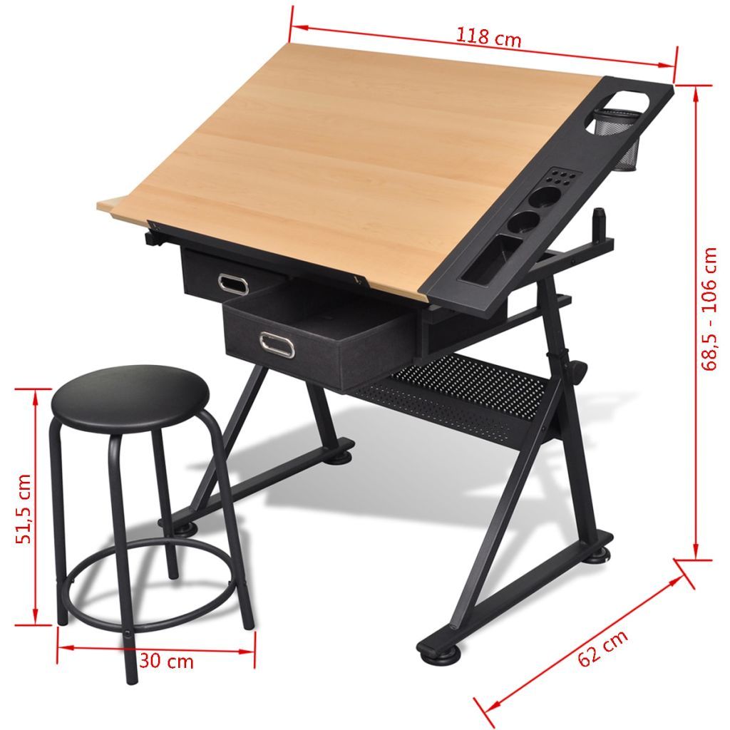 vidaXL Two Drawers Tiltable Tabletop Drawing Table with Stool