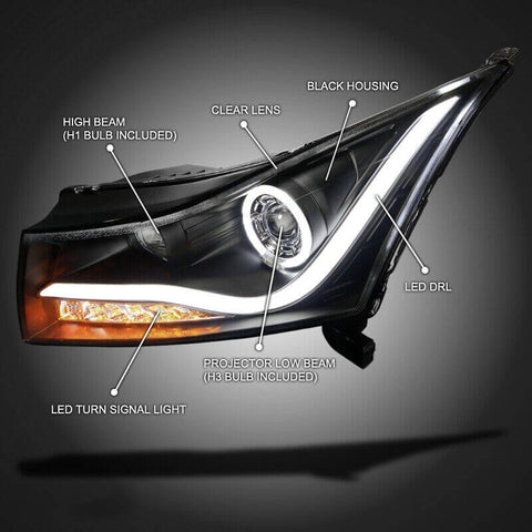 NINTE For 2011-2014 Chevy Cruze Halo+LED Strip Black Projector Headlights Left+Right