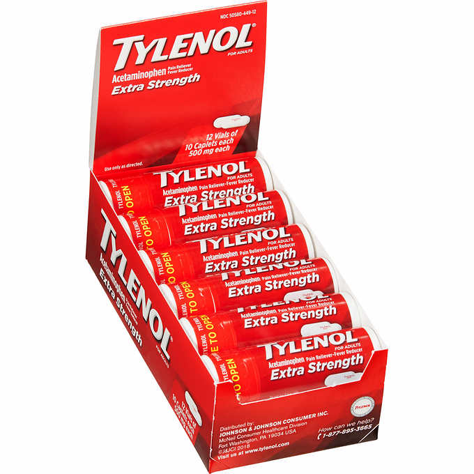 Tylenol Extra Strength 500mg,   10 Caplets X 12 Count