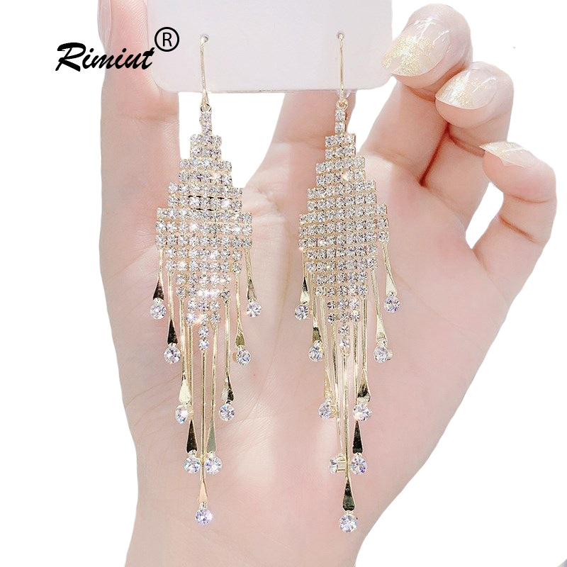 Rimiut Fashion Women Clear Rhinestone Long Tassel Earrings 925 Silver