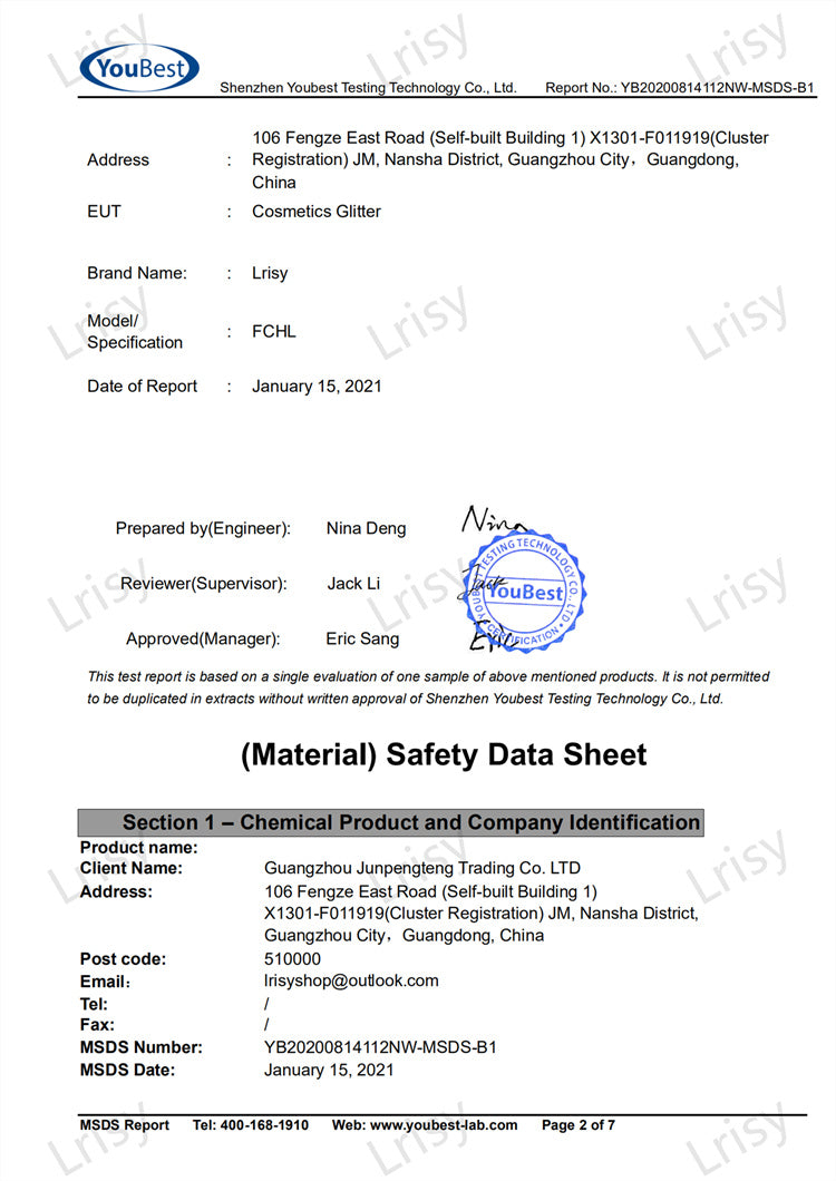 Lrisy Professional Cosmetic Glitter MSDS