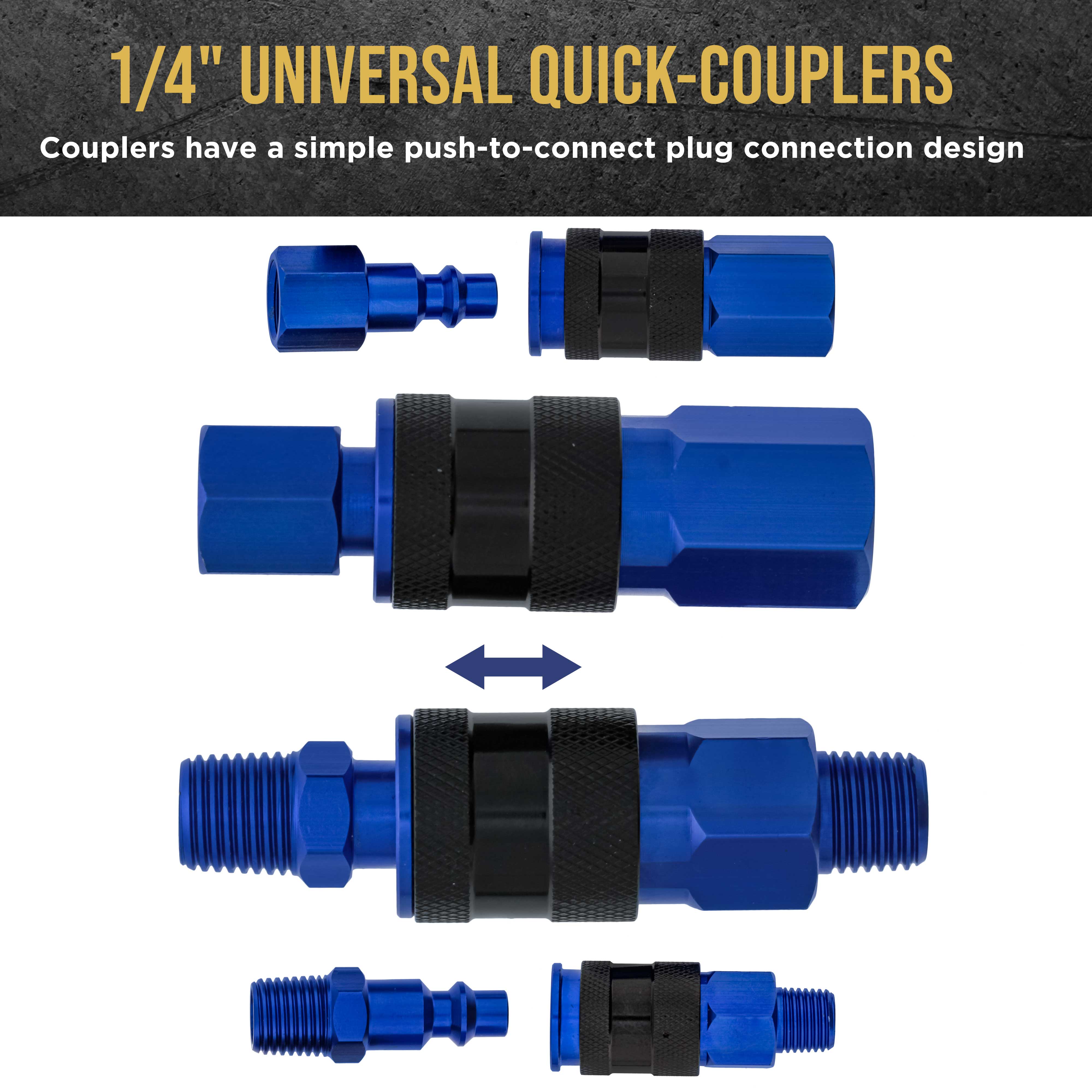 Master Elite Series 7 Piece Air Hose Fittings Set Kit - 2 Universal Air Couplers & 5 I/M Industrial Type Plugs, 1/4