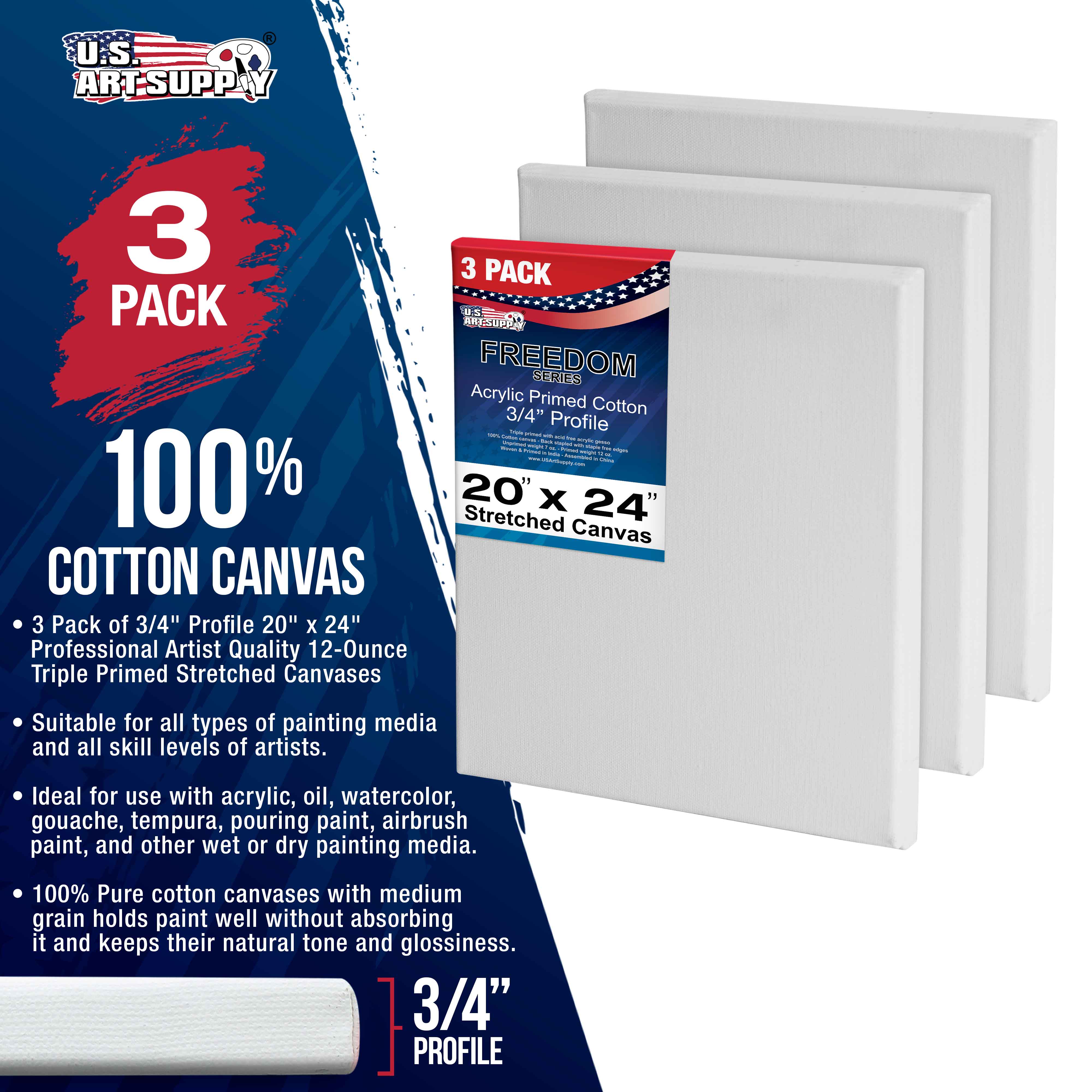 20 x 24 inch Stretched Canvas 12-Ounce Triple Primed, 3-Pack - Professional Artist Quality White Blank 3/4